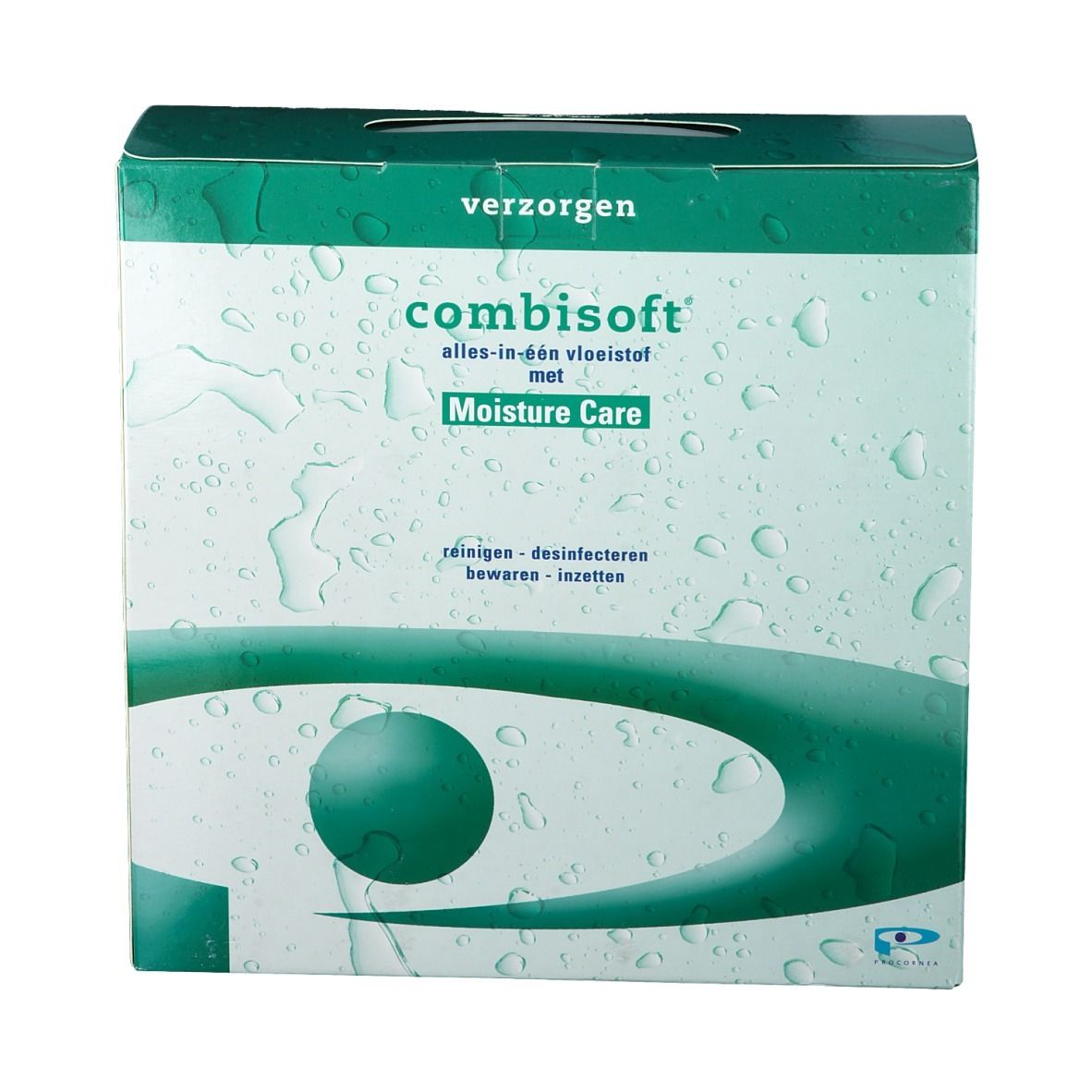 Groene verpakking met "combisoft" logo en "Moisture Care" tekst. Druppelpatroon en groene designelementen.