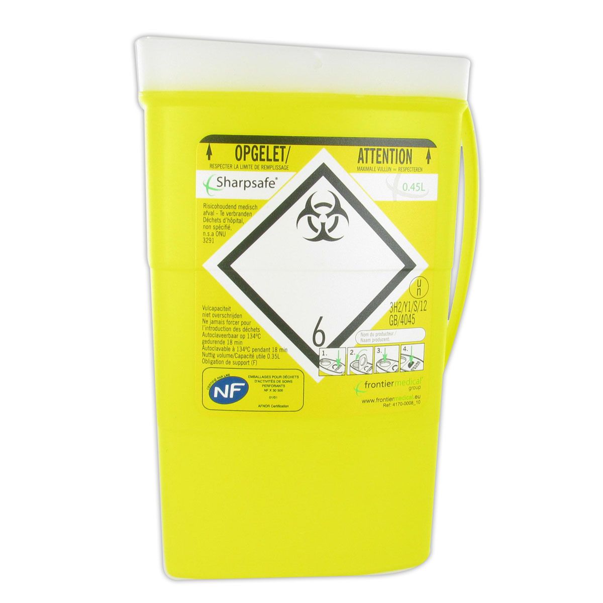 Conteneur jaune pour déchets médicaux. Couvercle blanc, poignée et étiquettes. Symbole de risque biologique et texte.