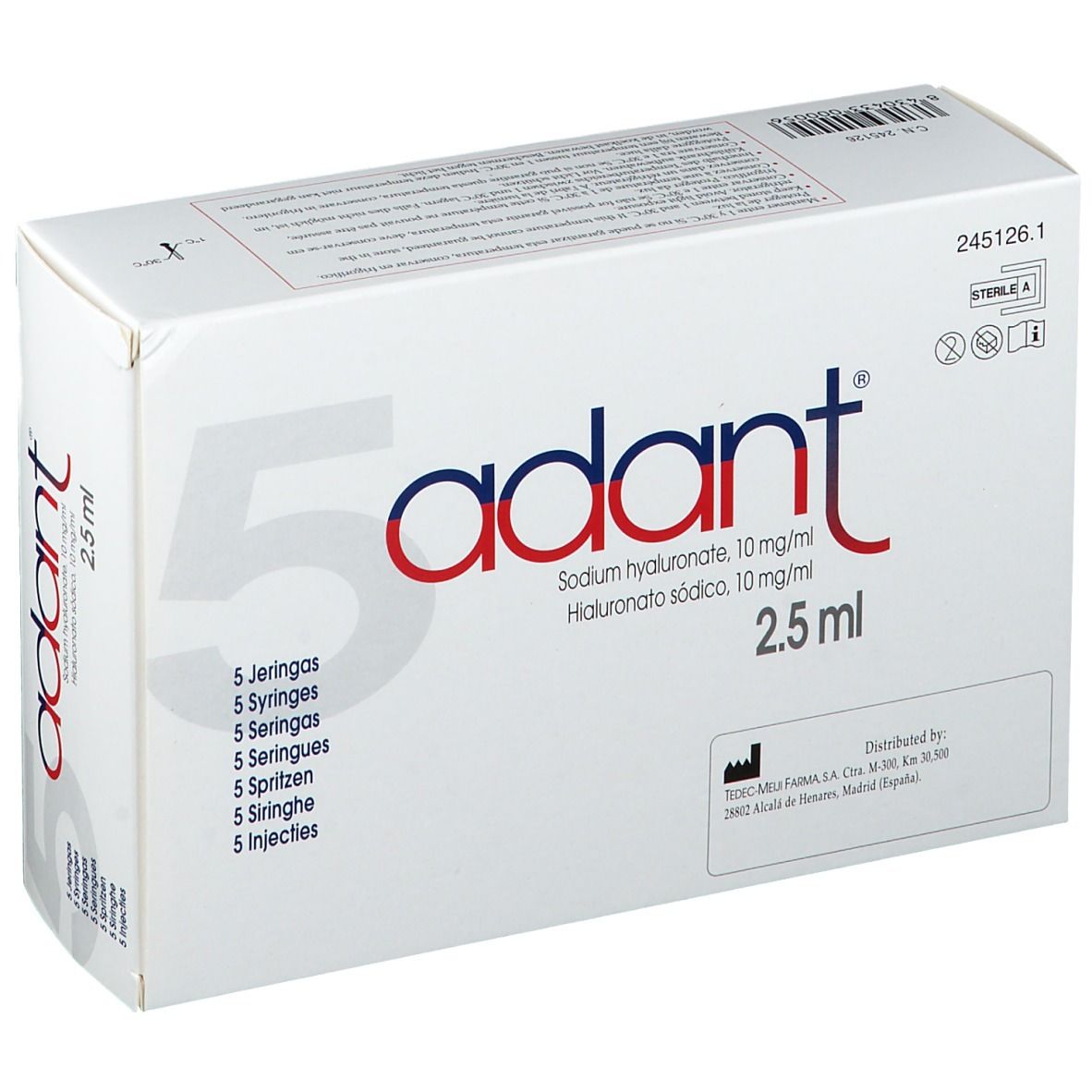 Boîte pliante blanche avec "adant" en rouge et bleu. Contient du hyaluronate de sodium. 2,5 ml. 5 seringues.