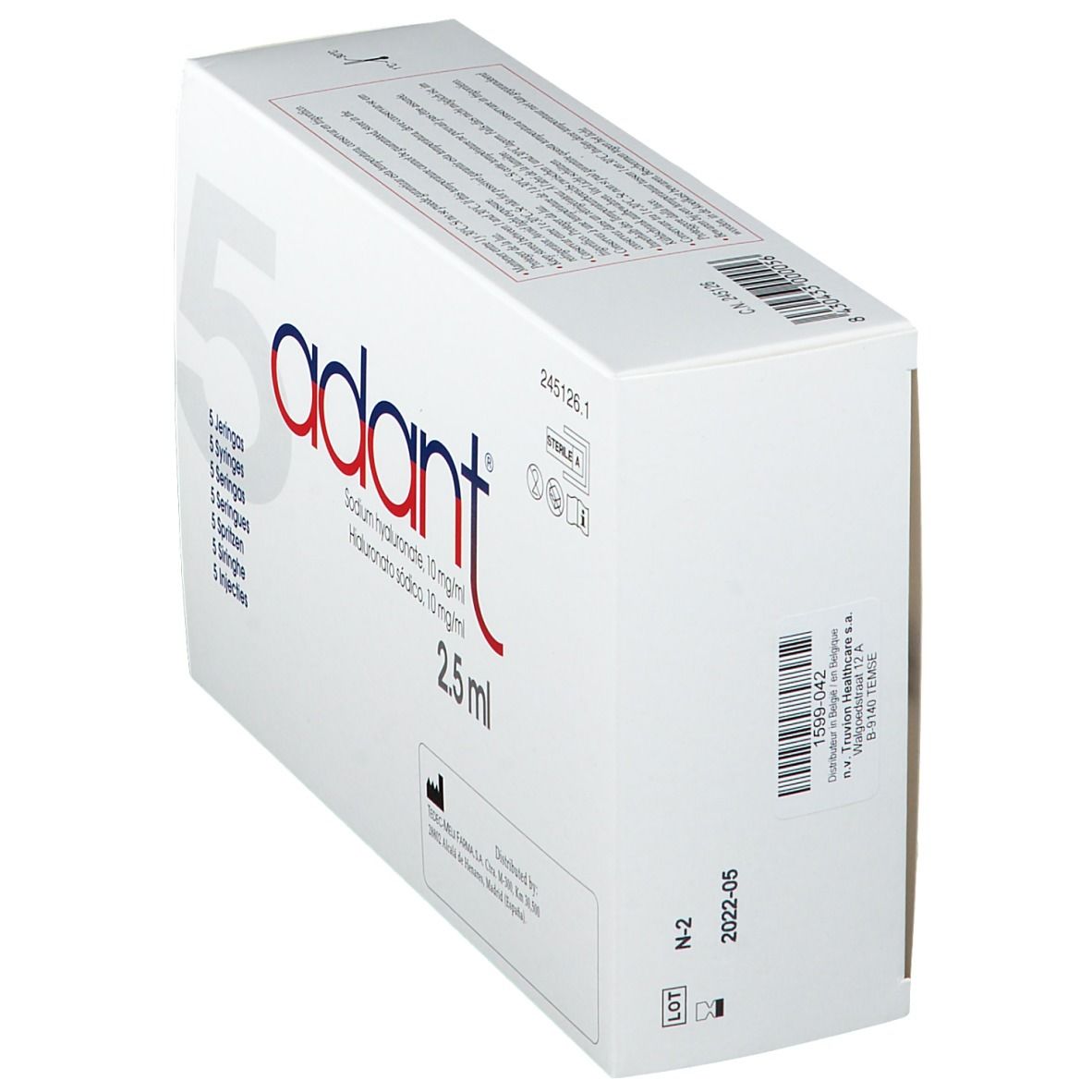 Boîte pliante blanche avec "adant" en rouge et bleu. Contient du hyaluronate de sodium. 2,5 ml. 5 seringues. Vue latérale.