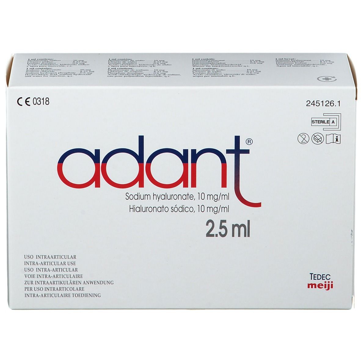 Boîte pliante blanche avec le mot "adant" en rouge et bleu. Contient du hyaluronate de sodium. 2,5 ml.