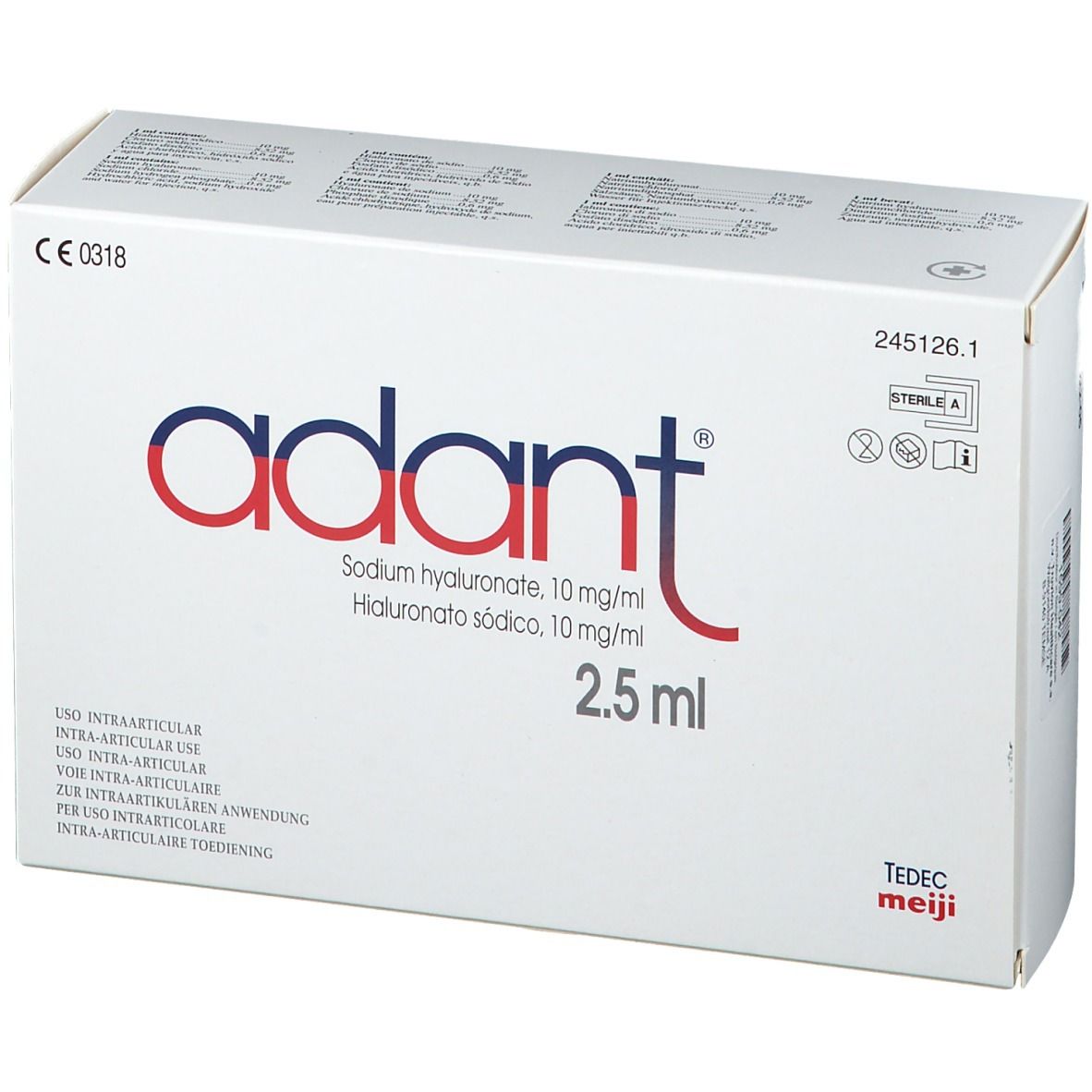 Boîte pliante blanche avec le mot "adant" en rouge et bleu. Contient du hyaluronate de sodium. 2,5 ml.