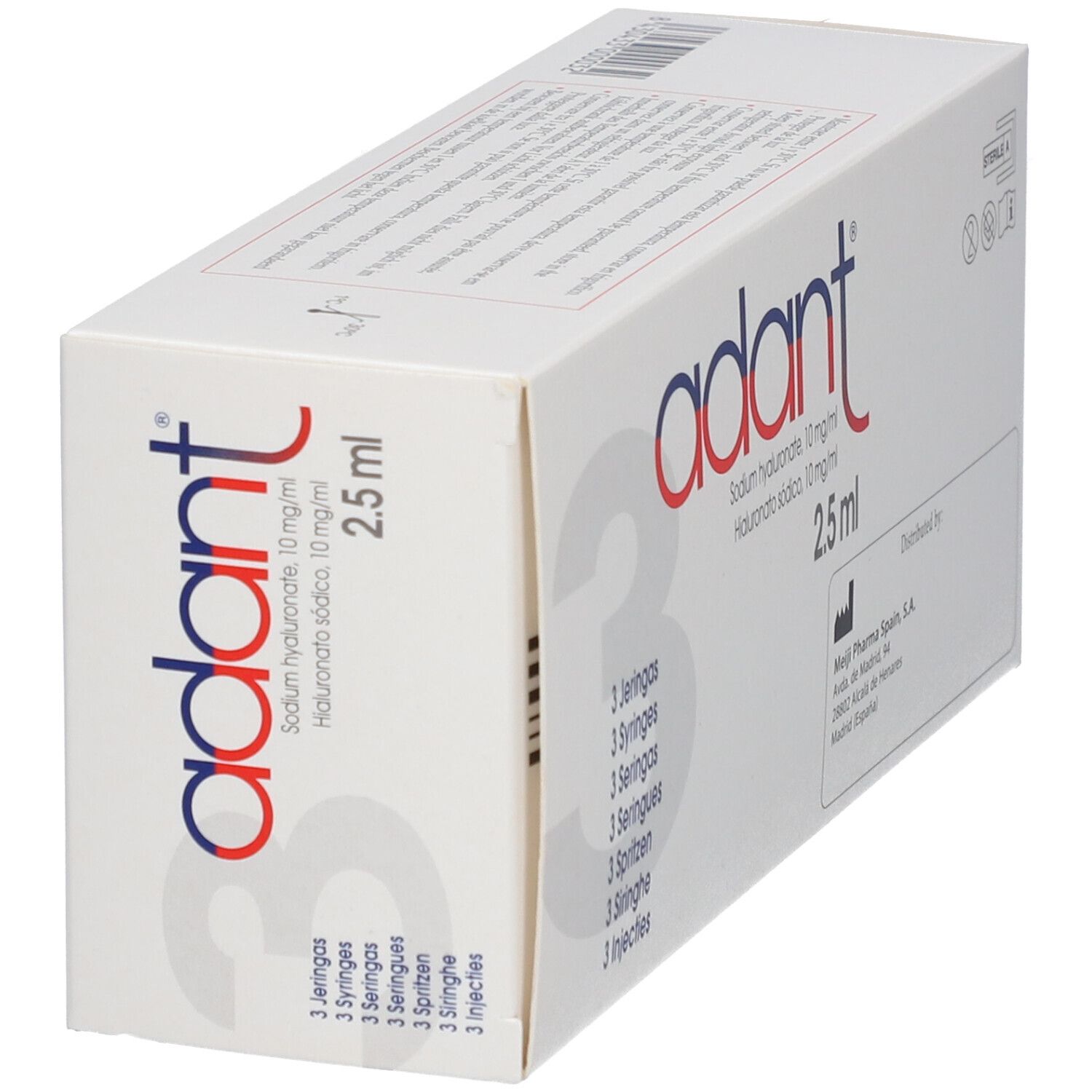 Boîte blanche avec logo "adant". Contient 3 seringues de 2,5 ml. Impression: Hyaluronate de sodium 10 mg/ml.