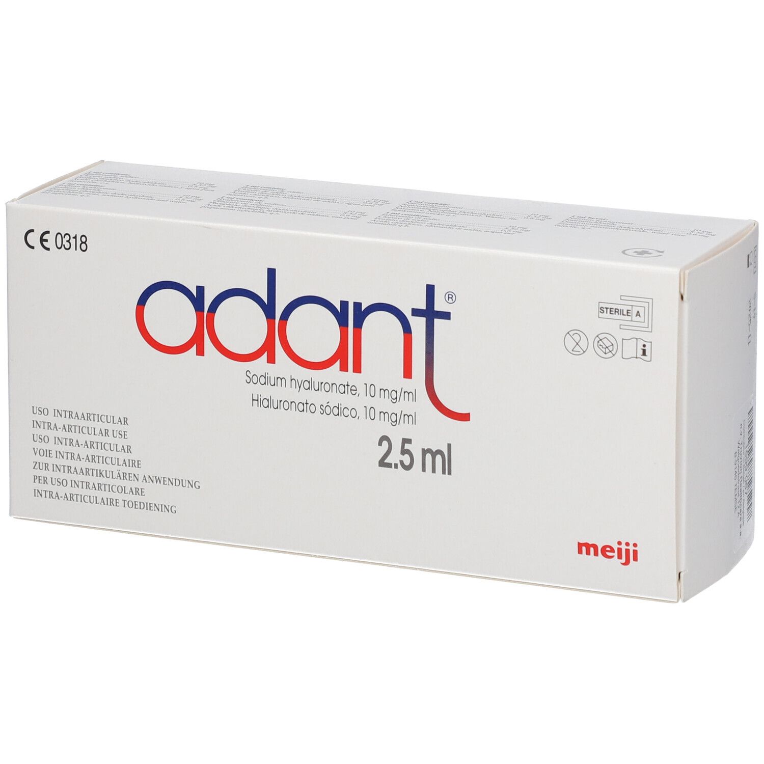 Boîte blanche avec logo "adant" et marquage CE. Contient 3 seringues de 2,5 ml. Impression: Hyaluronate de sodium 10 mg/ml.