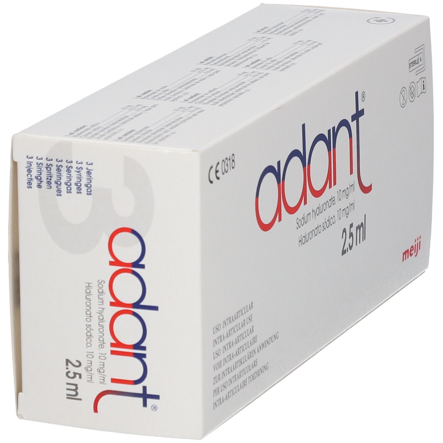 Boîte blanche avec logo "adant". Contient 3 seringues de 2,5 ml. Impression: Hyaluronate de sodium 10 mg/ml. Logo Meiji.