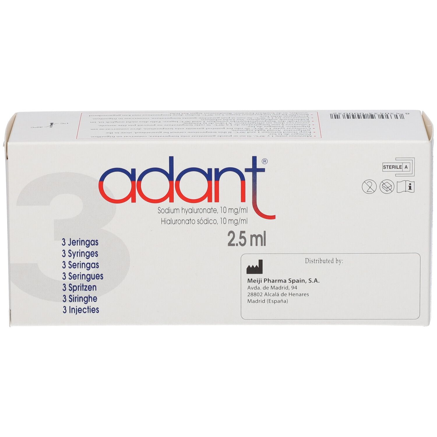 Boîte blanche avec logo "adant". Contient 3 seringues de 2,5 ml. Impression: Hyaluronate de sodium 10 mg/ml. Marque stérile A.