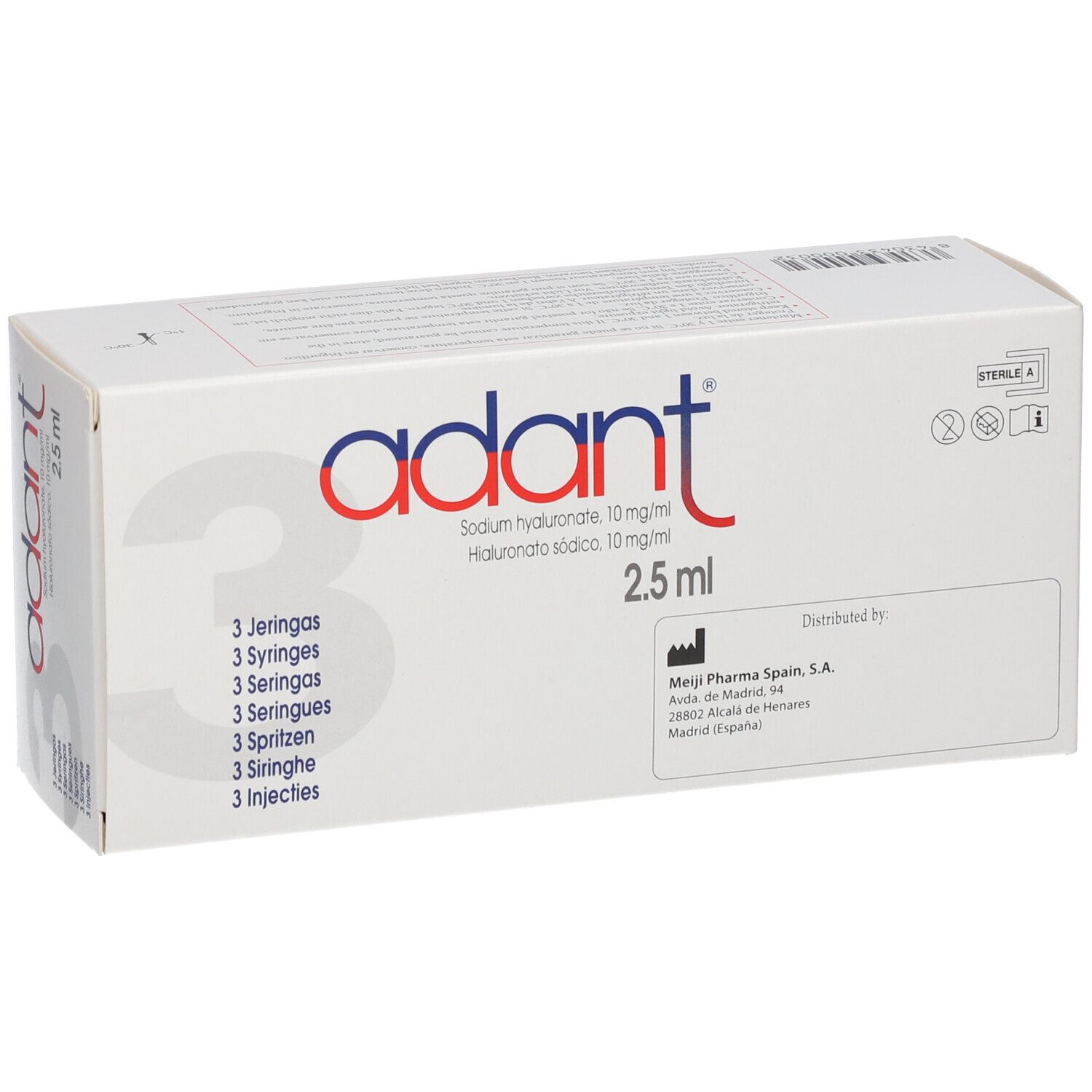 Boîte blanche avec logo "adant". Contient 3 seringues de 2,5 ml. Impression: Hyaluronate de sodium 10 mg/ml. Informations distributeur.