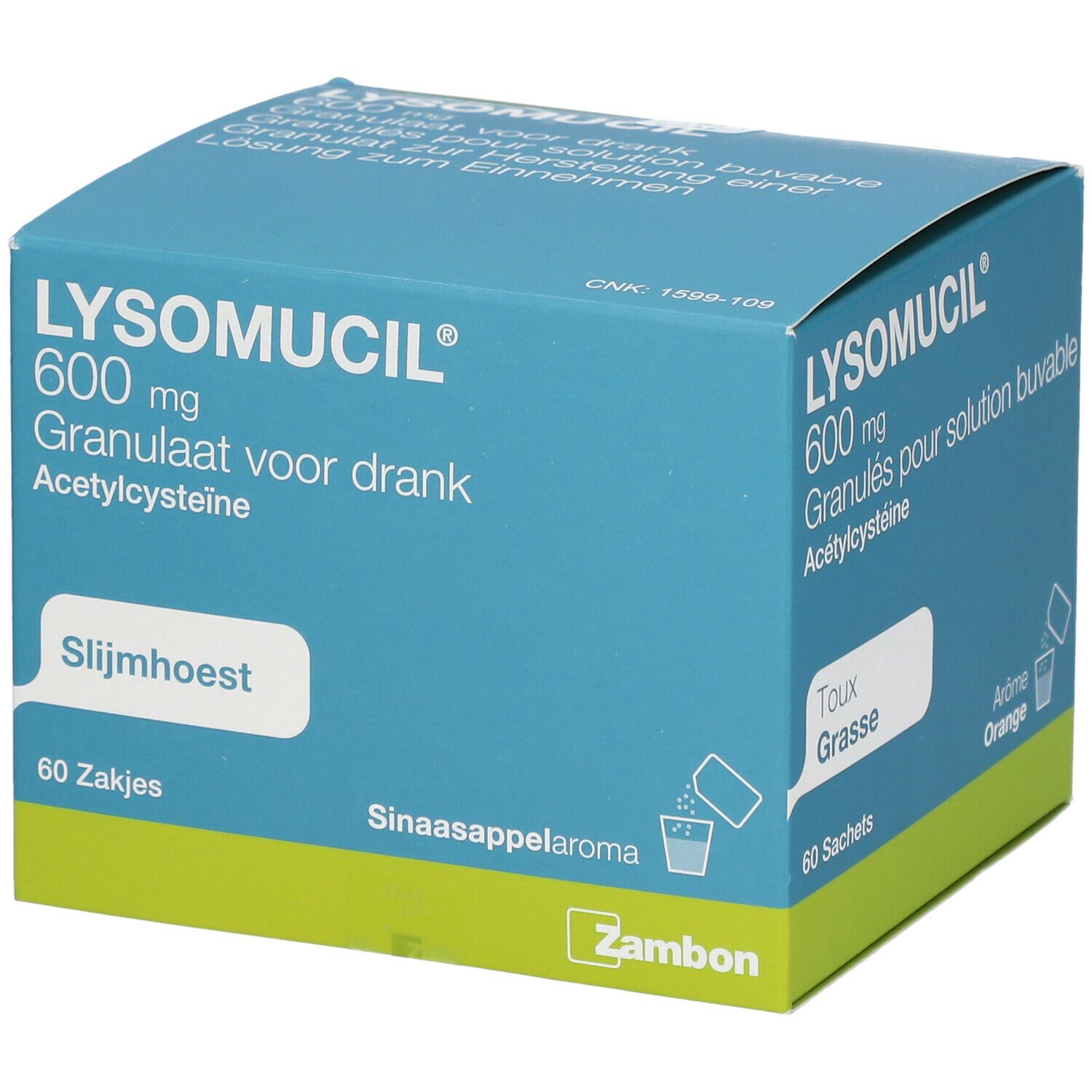 Boîte bleu-vert LYSOMUCIL 600 mg, granulés pour solution buvable. 60 sachets. Arôme orange. Marque Zambon.