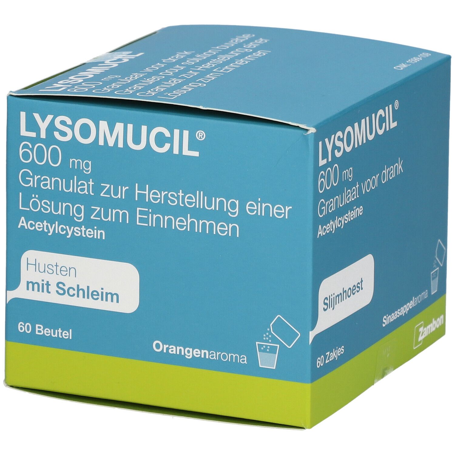 Boîte bleu-vert LYSOMUCIL 600 mg, granulés pour solution buvable. 60 sachets. Arôme orange. Marque Zambon.