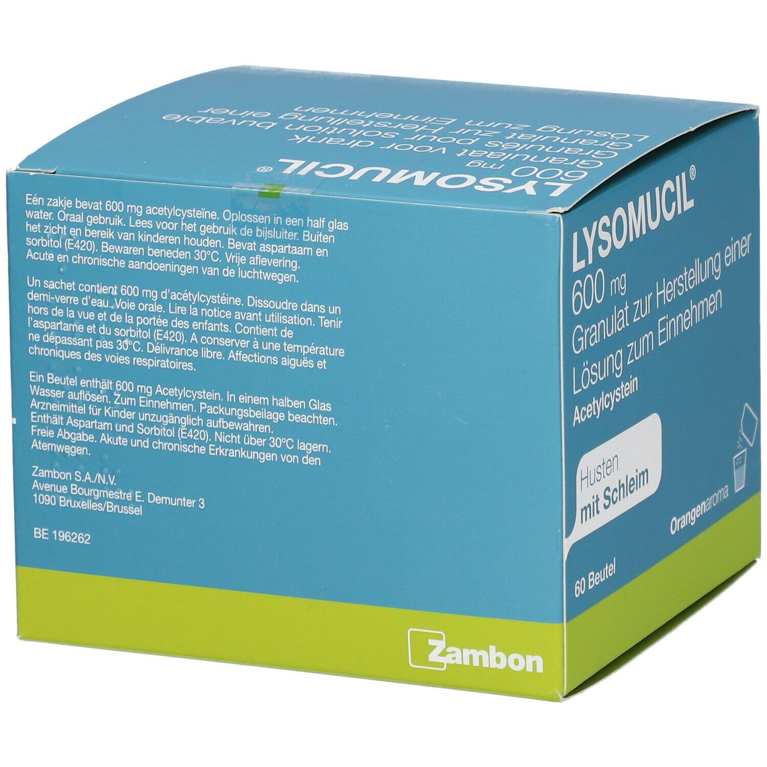 Boîte bleu-vert LYSOMUCIL 600 mg, granulés pour solution buvable. 60 sachets. Arôme orange. Marque Zambon.