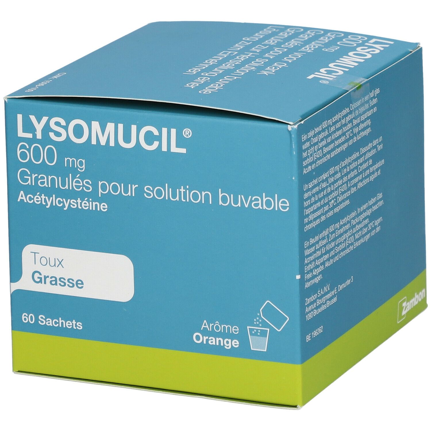 Boîte bleu-vert LYSOMUCIL 600 mg, granulés pour solution buvable. 60 sachets. Arôme orange. Marque Zambon.