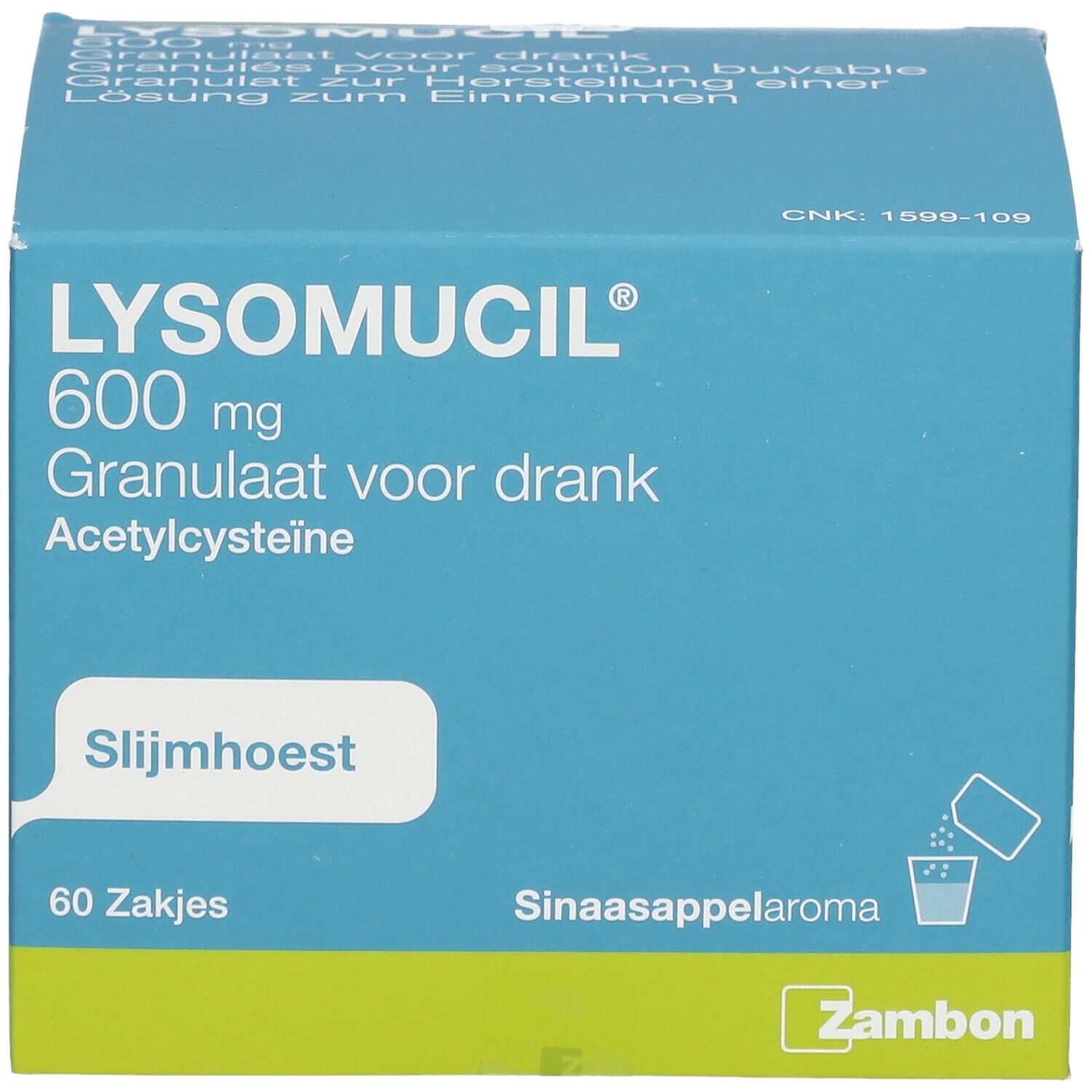 Boîte bleu-vert LYSOMUCIL 600 mg, granulés pour solution buvable. 60 sachets. Arôme orange. Marque Zambon.
