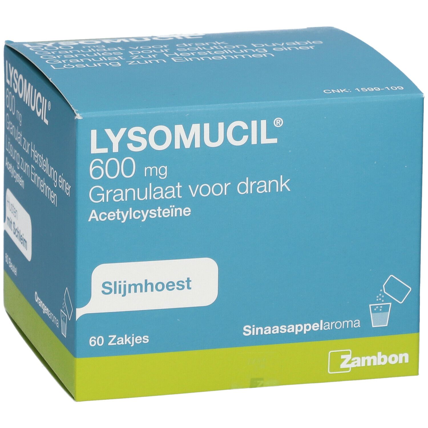 Boîte bleu-vert LYSOMUCIL 600 mg, granulés pour solution buvable. 60 sachets. Arôme orange. Marque Zambon.