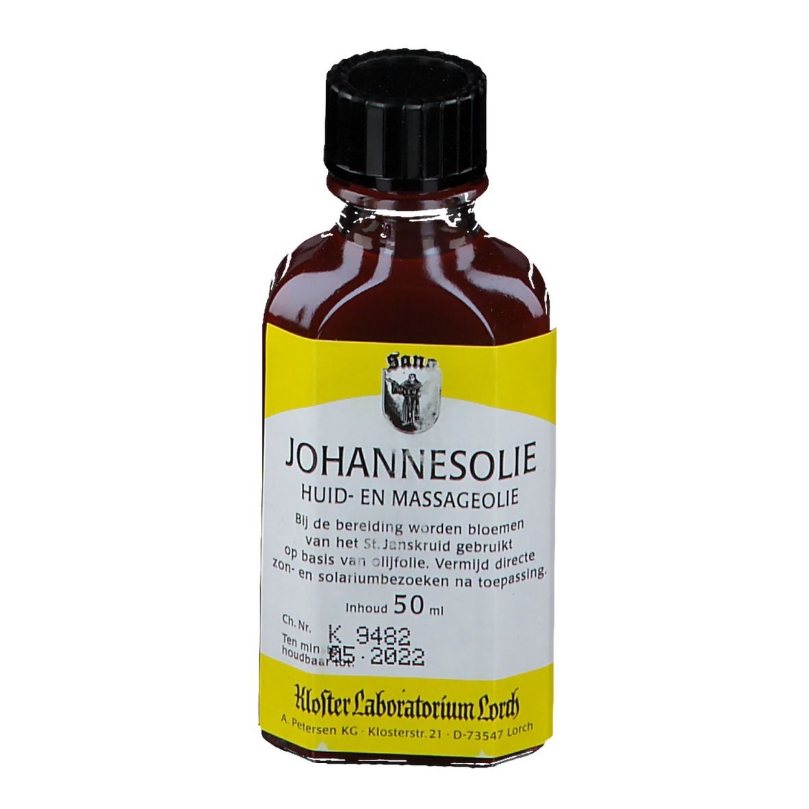Flacon en verre brun avec bouchon noir. Étiquette jaune avec texte: Huile de millepertuis, huile pour la peau et massage. Marque Sano.