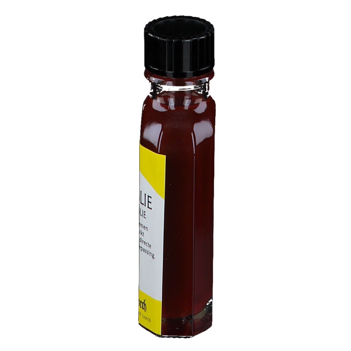 Flacon en verre brun avec bouchon noir. Étiquette jaune avec texte. Marque Sano. La bouteille est allongée et octogonale.