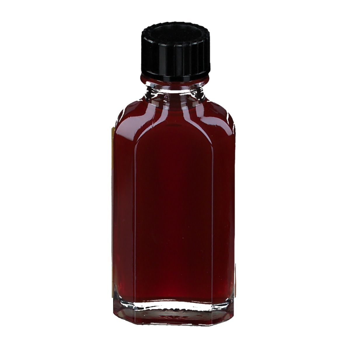 Flacon en verre brun avec bouchon noir. Marque Sano. La bouteille est octogonale.