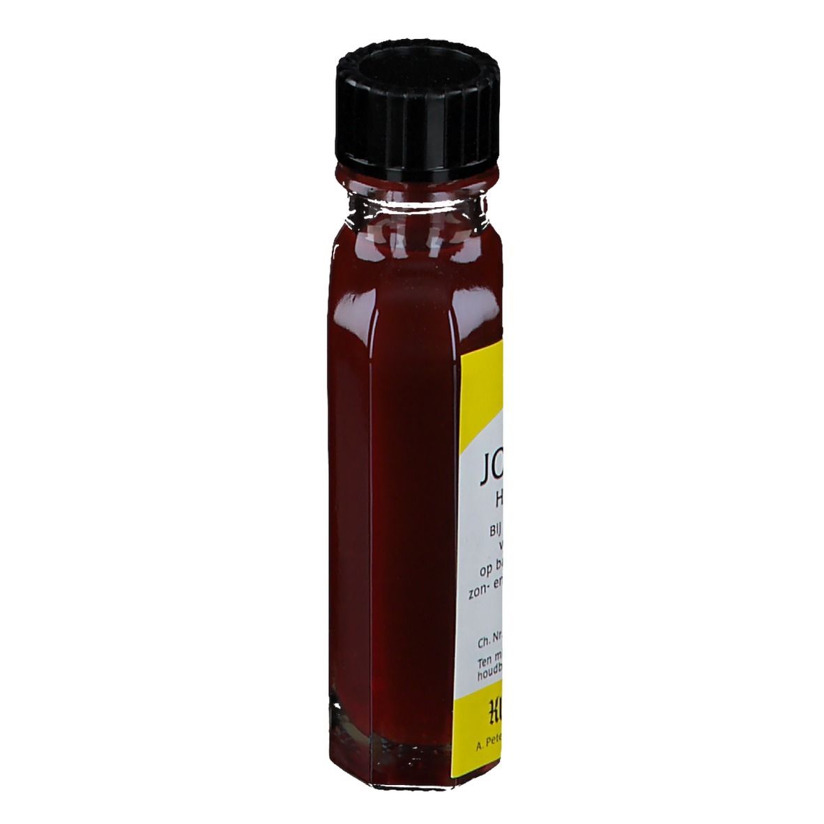Flacon en verre brun avec bouchon noir. Étiquette jaune avec texte. Marque Sano. La bouteille est allongée et octogonale.