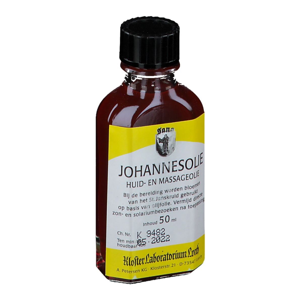 Flacon en verre brun avec bouchon noir. Étiquette jaune avec texte: Huile de millepertuis, huile pour la peau et massage. Marque Sano.