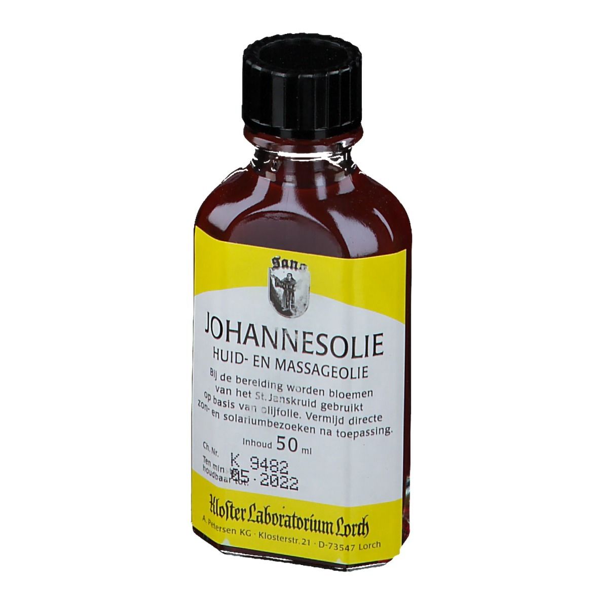 Flacon en verre brun avec bouchon noir. Étiquette jaune avec texte: Huile de millepertuis, huile pour la peau et massage. Marque Sano.