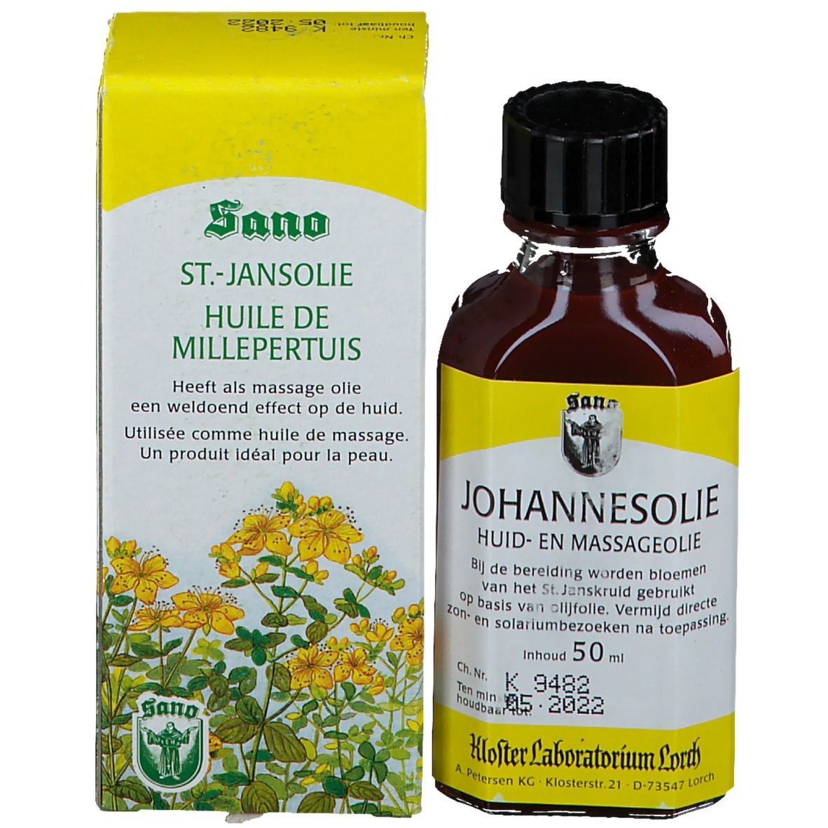 Emballage du produit avec flacon. Flacon avec bouchon noir et étiquette jaune. Boîte avec texte et logo Sano.