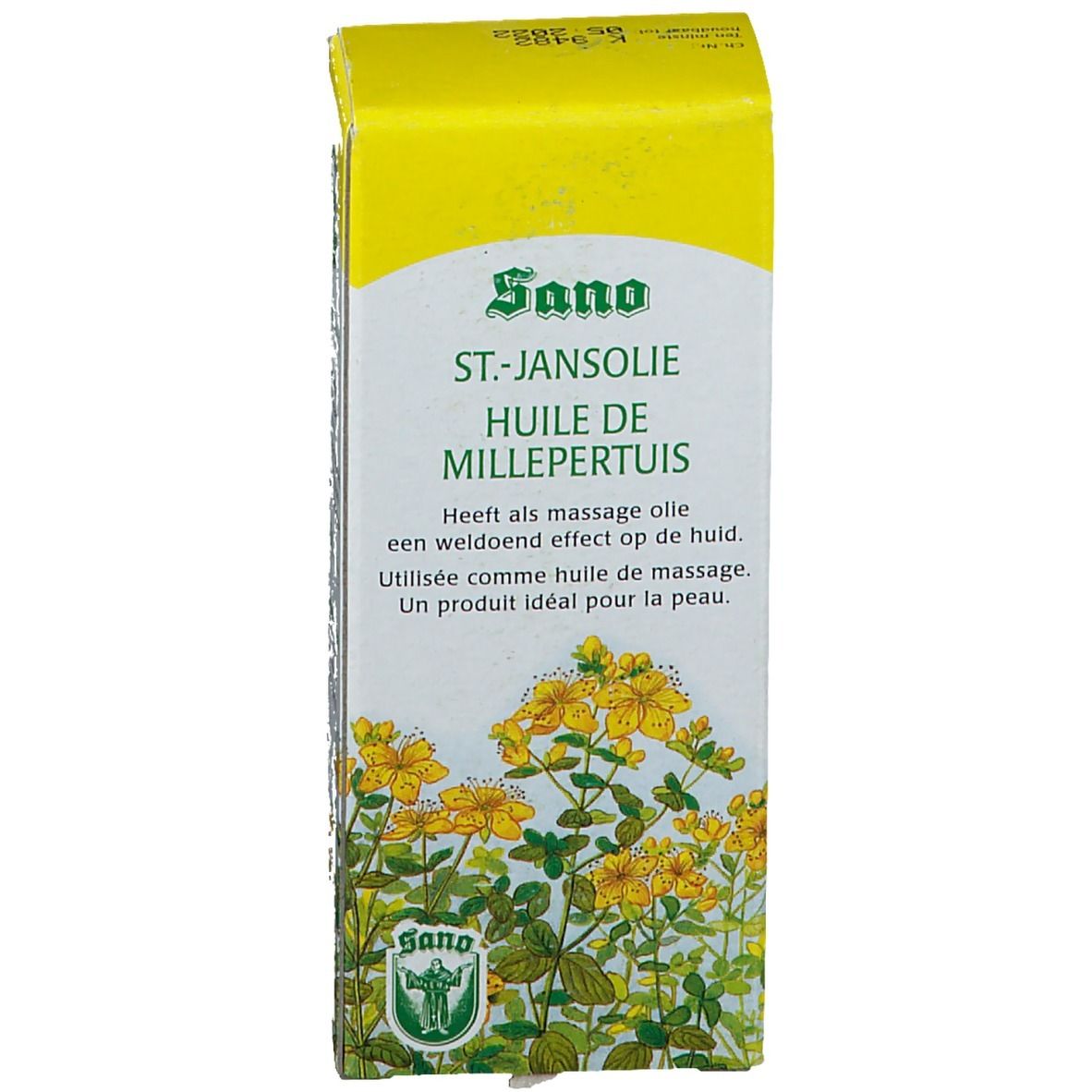 Emballage en carton avec texte et logo Sano. Illustration de fleurs de millepertuis. Texte: St. Jansolie, Huile de Millepertuis.