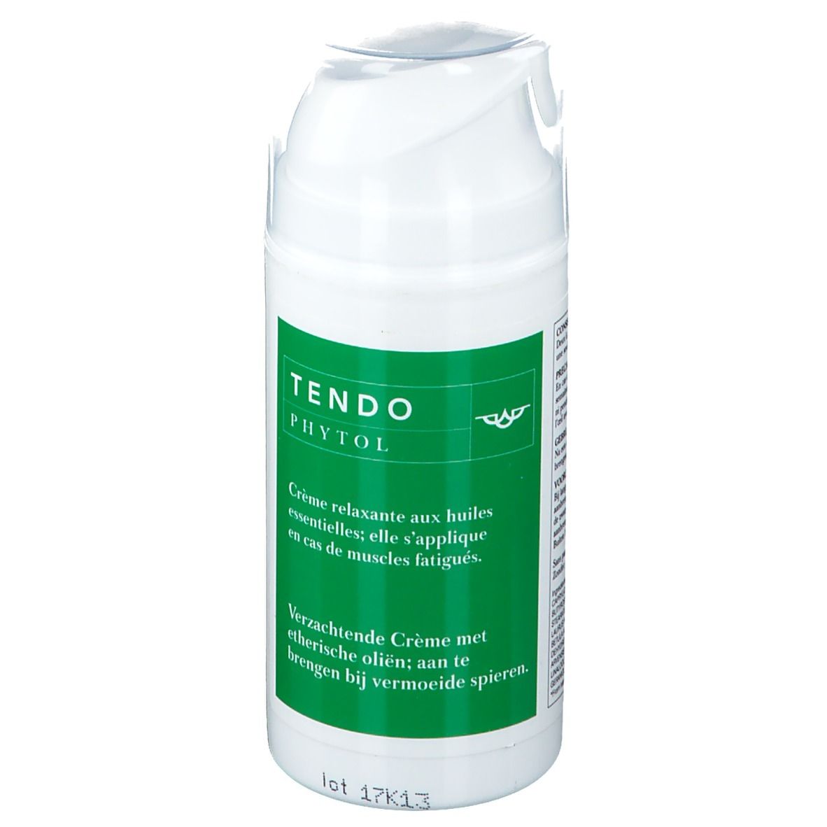 Weiße Creme-Flasche mit grünem Etikett. Text: TENDO PHYTOL. Creme relaxante aux huiles essentielles. Lot 17K13.