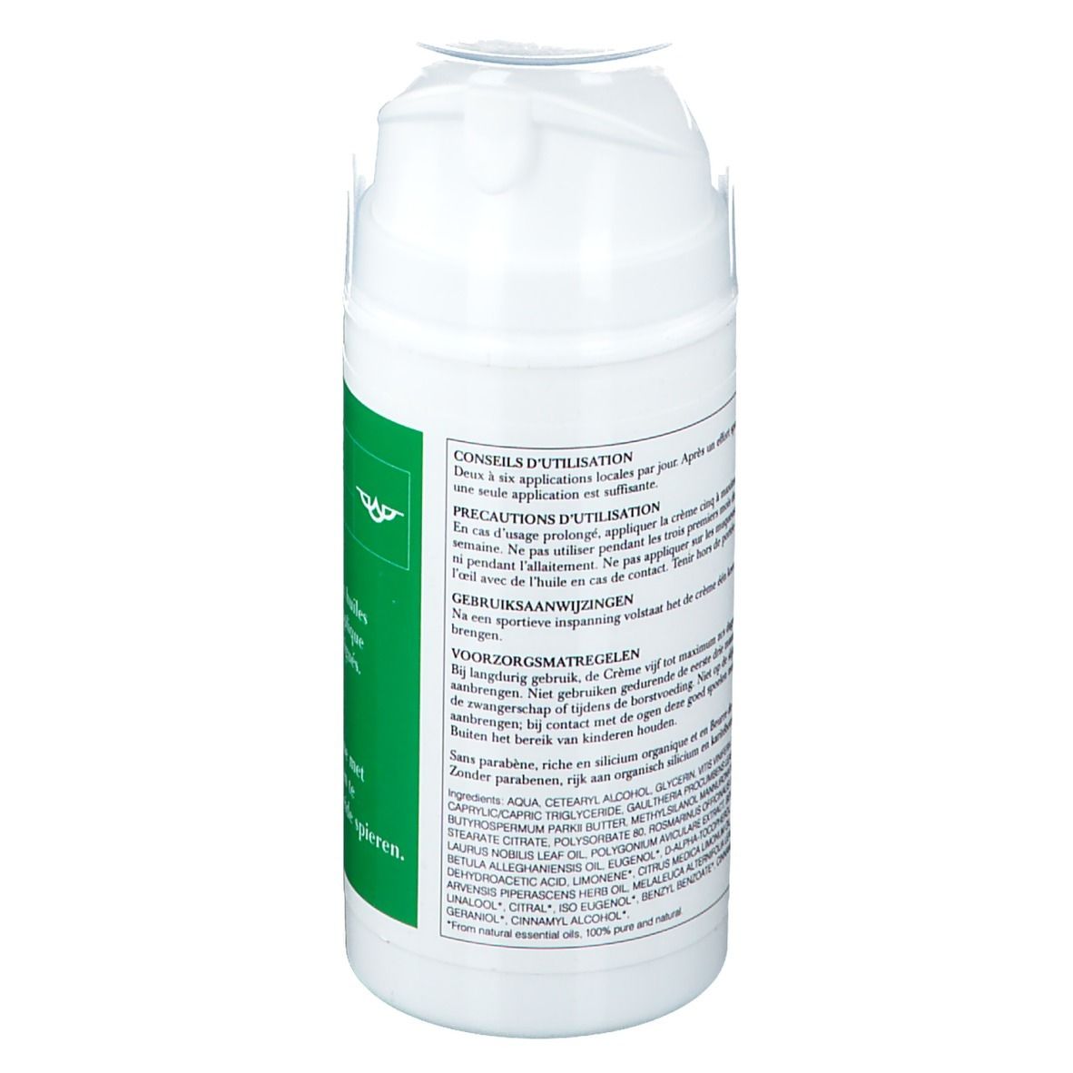 Rückseite der weißen Creme-Flasche. Grünes Etikett mit Text. Inhaltsstoffe und Anwendungshinweise in mehreren Sprachen.