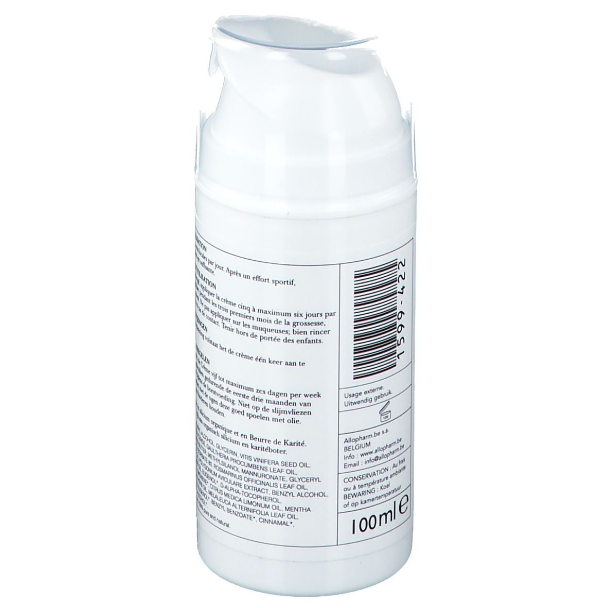 Rückseite der weißen Creme-Flasche. Text: 100ml. Barcode. Inhaltsstoffe und Anwendungshinweise in mehreren Sprachen.