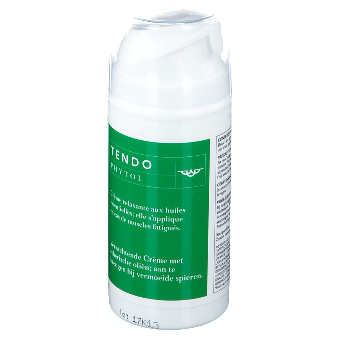 Weiße Creme-Flasche mit grünem Etikett. Text: TENDO PHYTOL. Creme relaxante aux huiles essentielles. Lot 17K13.