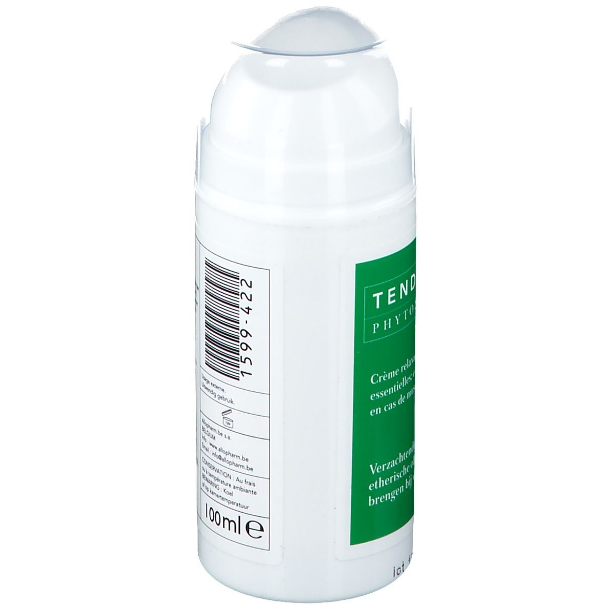 Weiße Creme-Flasche mit grünem Etikett. Text: TENDO PHYTOL. 100ml. Barcode. Rückseite mit Text.
