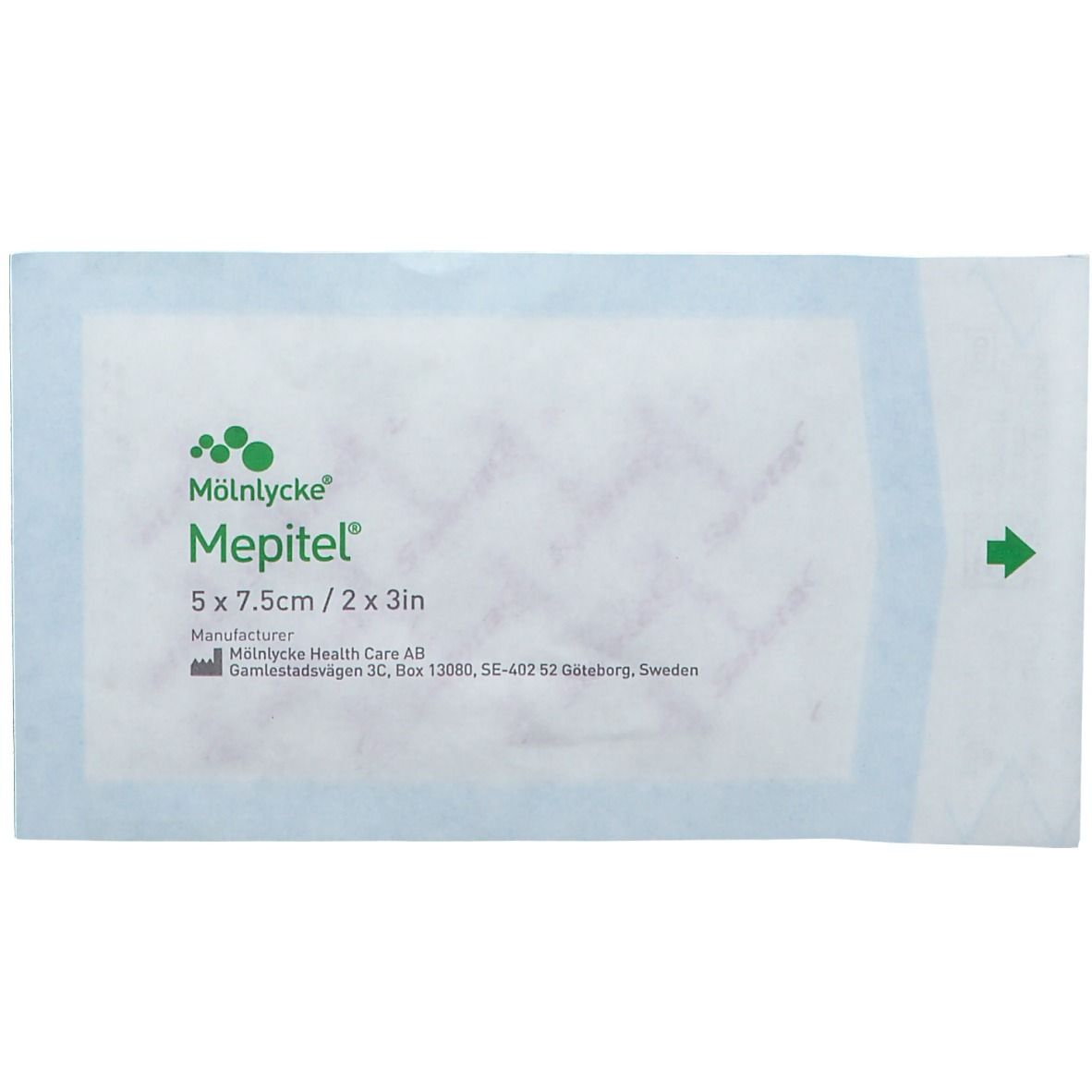 Verpakking Mepitel® Sterile. Afmeting 5 x 7,5 cm. Fabrikant: Mölnlycke Health Care. Groene pijl.