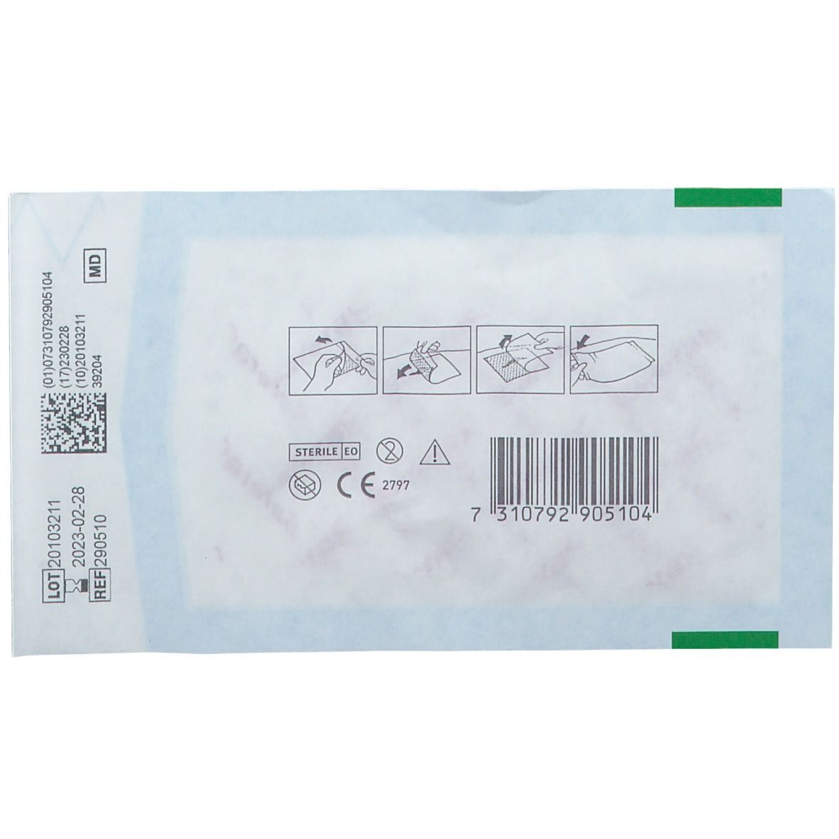 Achterkant verpakking Mepitel® Sterile. Steriel symbool, CE-markering, barcode en pictogrammen.