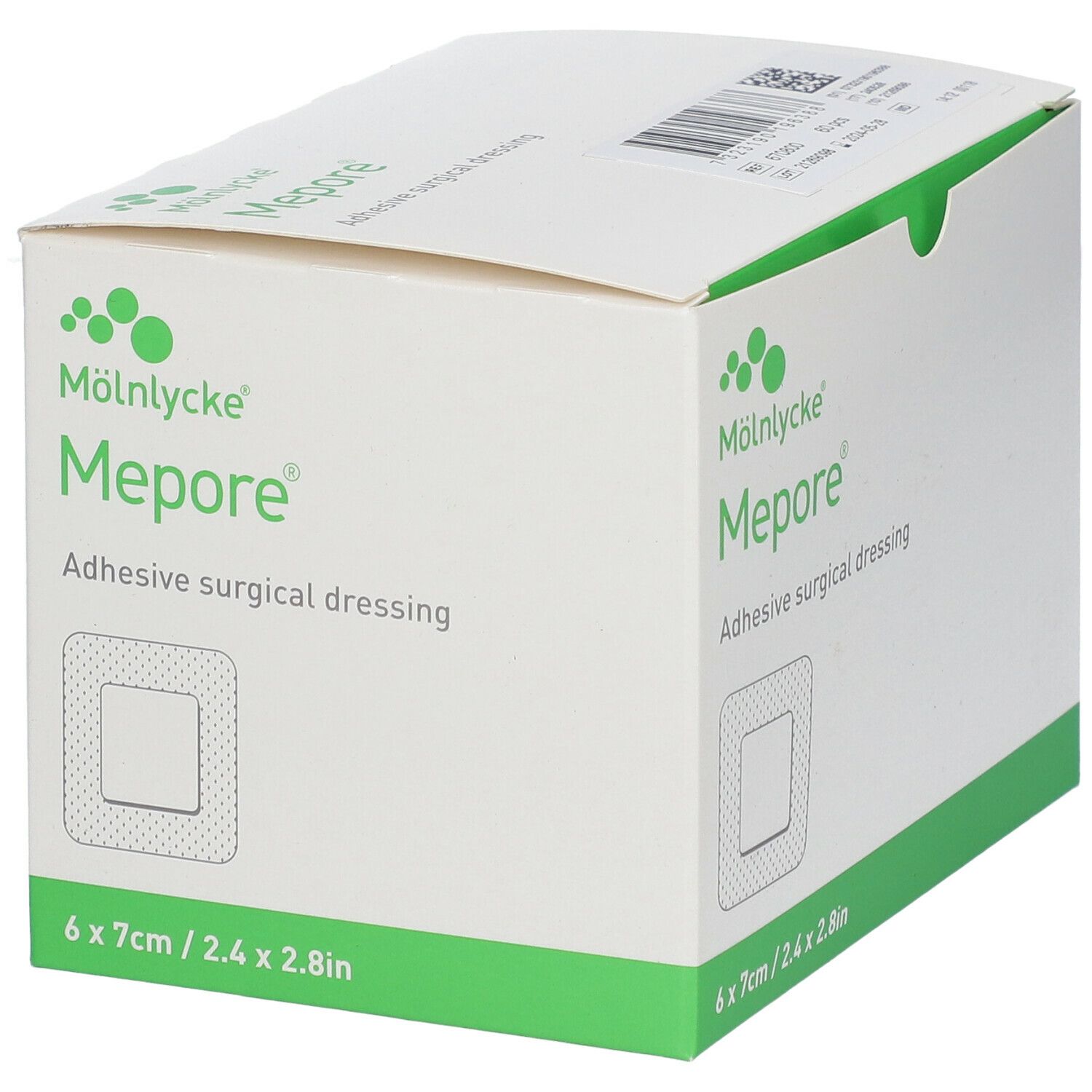 Boîte de pansements Mepore®. Inscription: Adhesive surgical dressing. Emballage vert et blanc. Six pansements, 7x7cm.