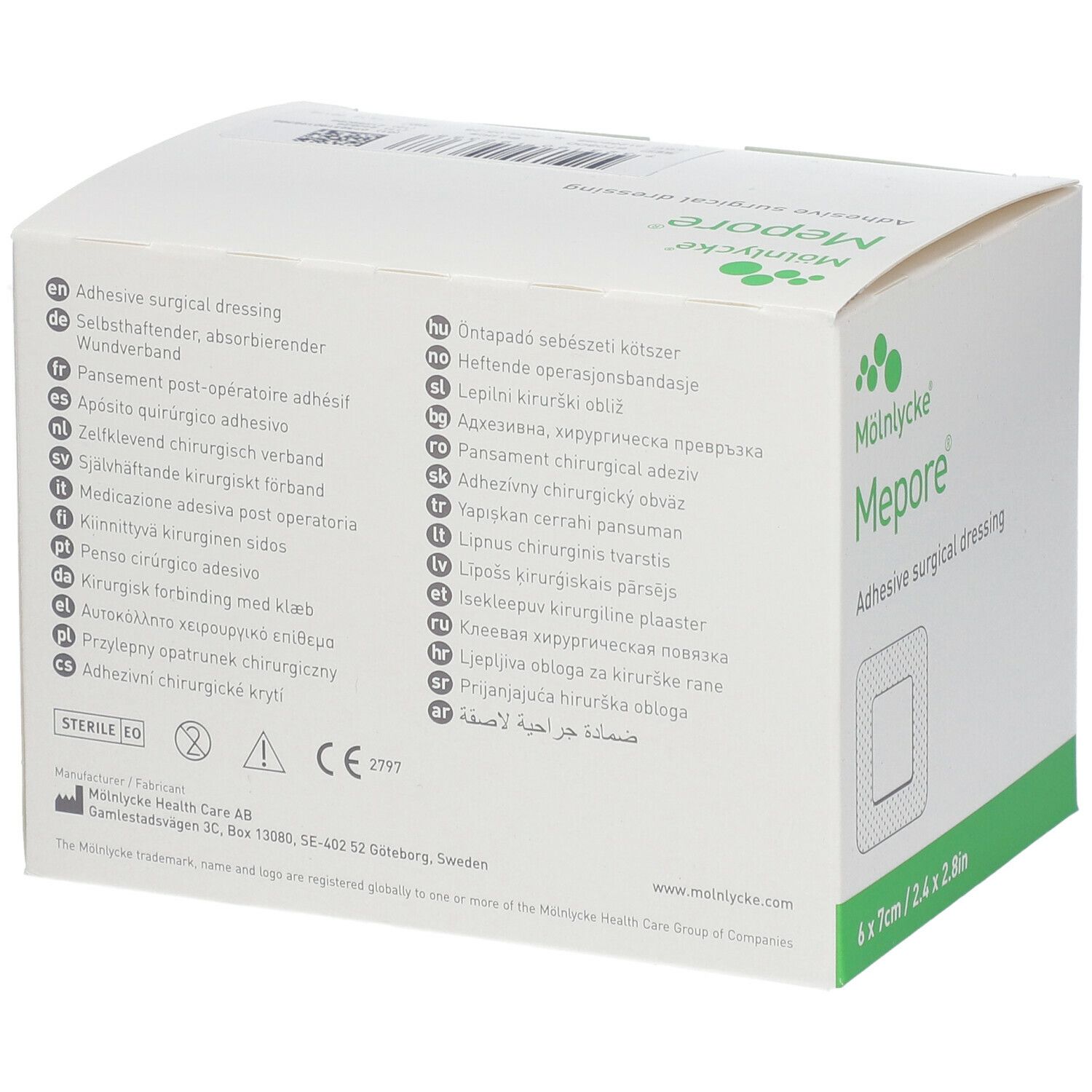 Boîte de pansements Mepore®. Inscription: Adhesive surgical dressing. Textes multilingues. Emballage vert et blanc. 6 pansements, 7x7cm.