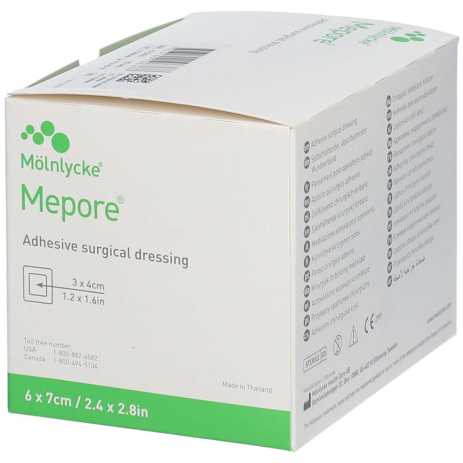 Boîte de pansements Mepore®. Inscription: Adhesive surgical dressing. 6 pansements, 7x7cm. Emballage avec accents verts.