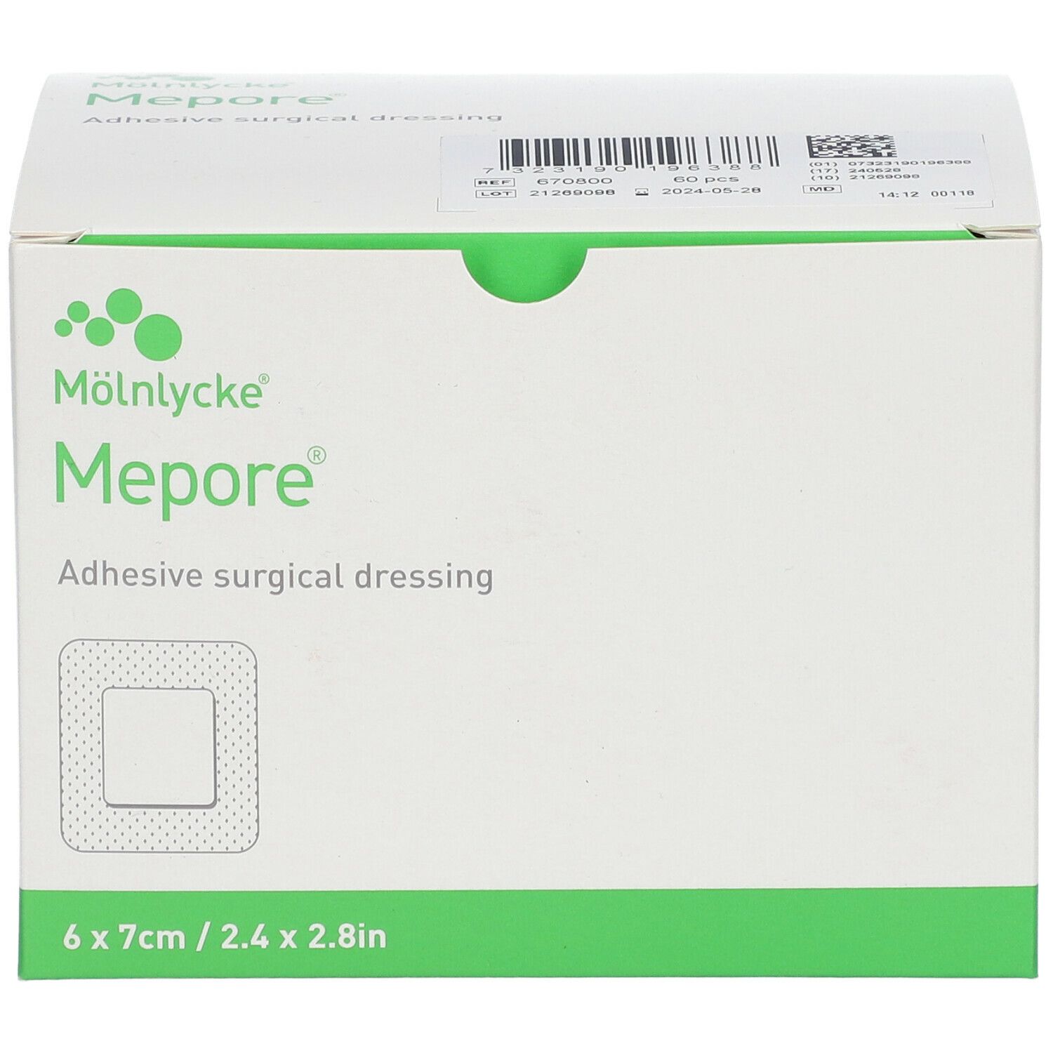Boîte de pansements Mepore®. Inscription: Adhesive surgical dressing. 6 pansements, 7x7cm. Emballage vert et blanc.