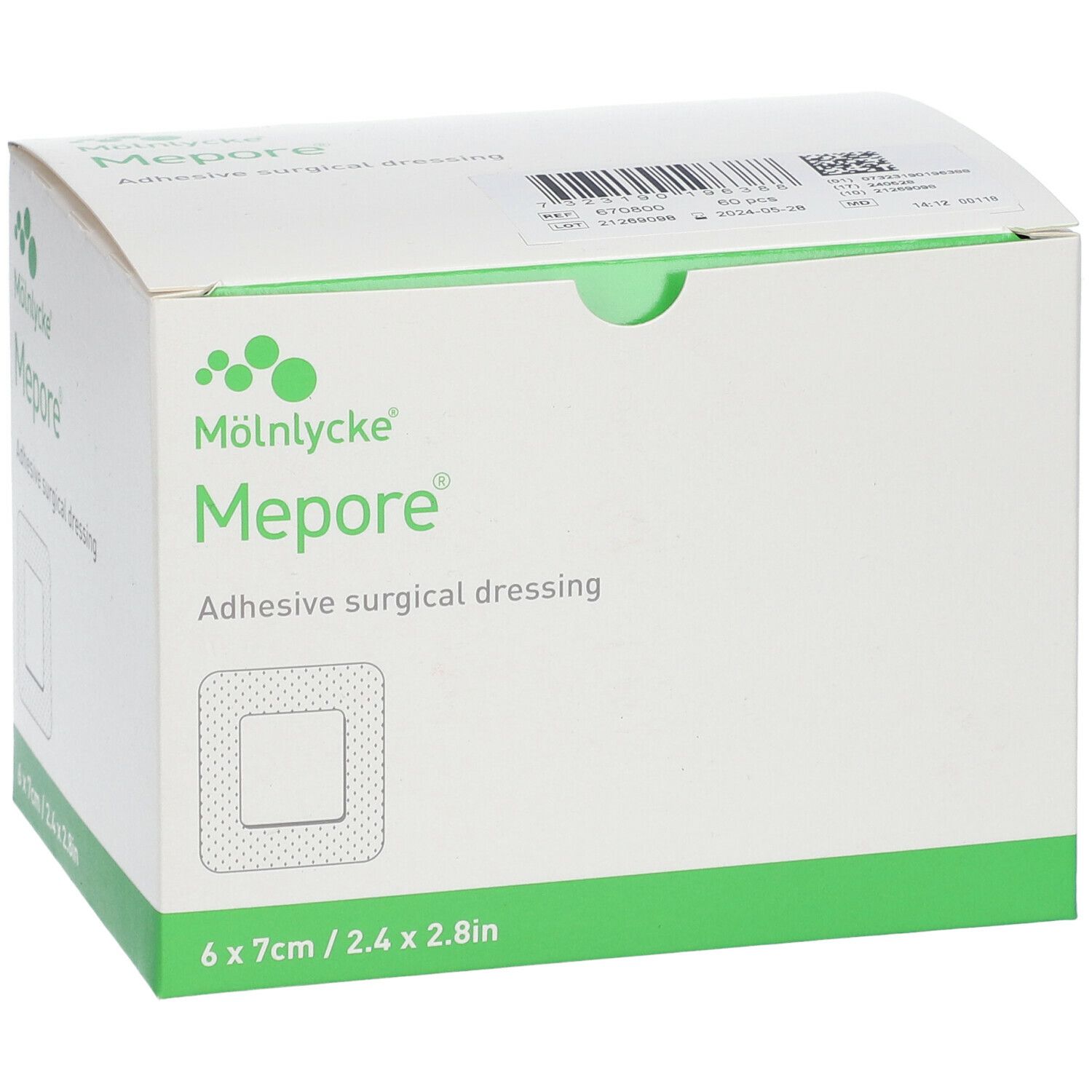 Boîte de pansements Mepore®. Inscription: Adhesive surgical dressing. 6 pansements, 7x7cm. Emballage vert et blanc.