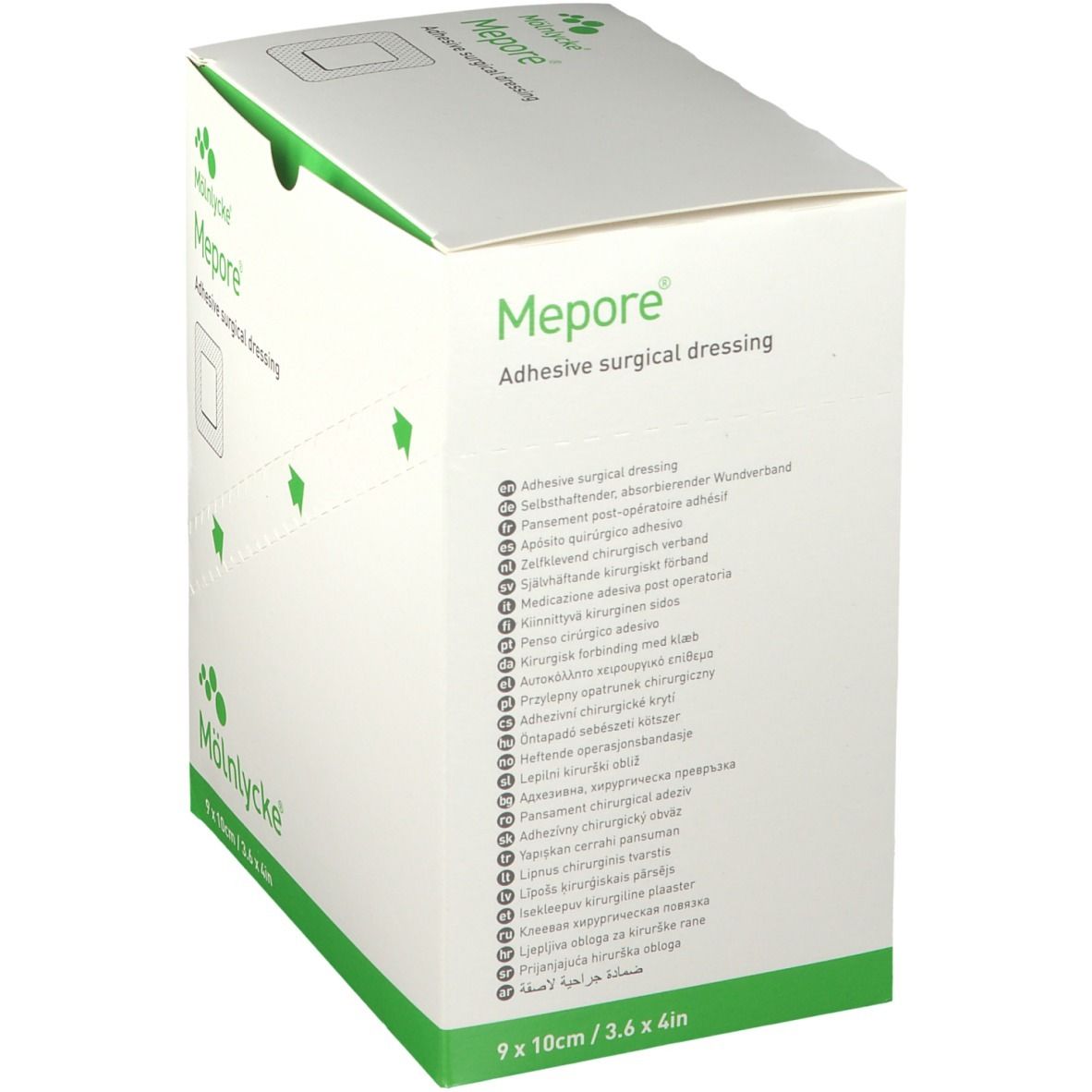 Emballage Mepore®. Boîte blanche avec informations produit multilingues. Dimensions : 9 x 10 cm.