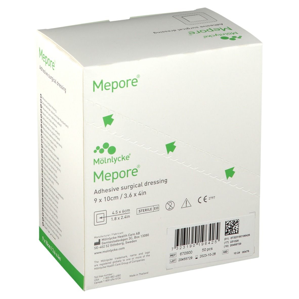 Emballage Mepore®. Boîte blanche avec informations produit, code-barres et marquage CE. Dimensions : 9 x 10 cm.