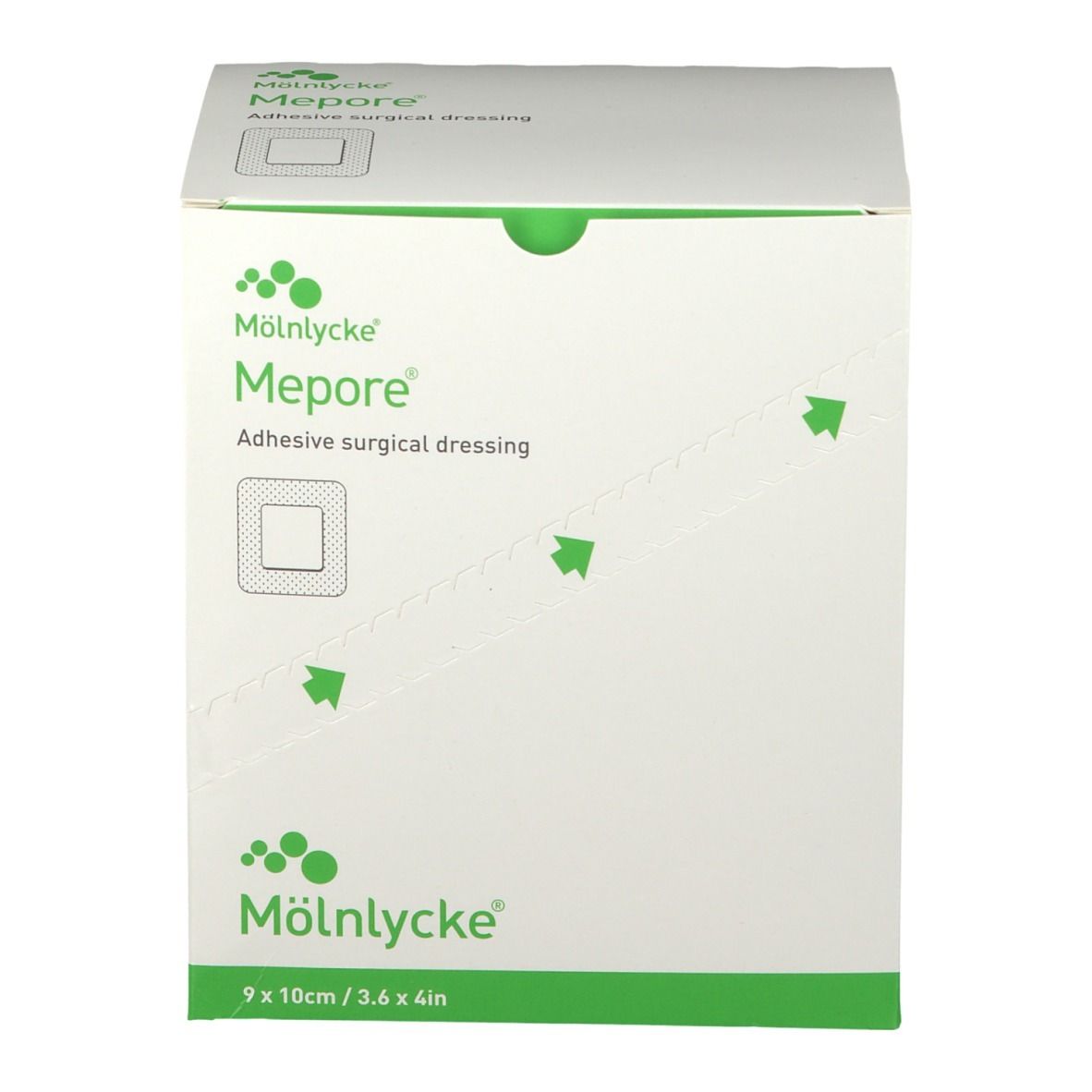 Emballage Mepore®. Boîte blanche avec logo vert et image du produit. Dimensions : 9 x 10 cm.