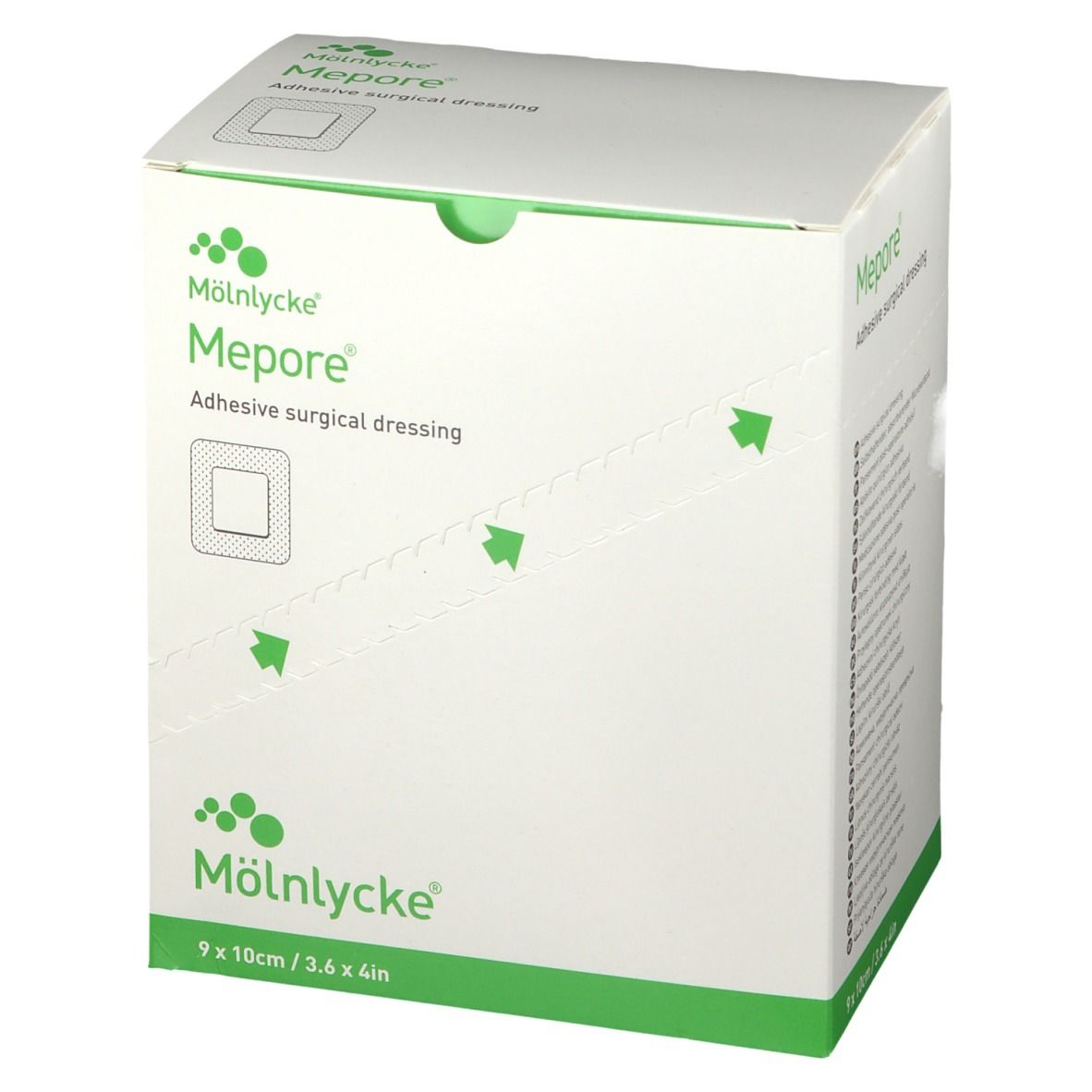 Emballage Mepore®. Boîte blanche avec logo vert et image du produit. Dimensions : 9 x 10 cm.