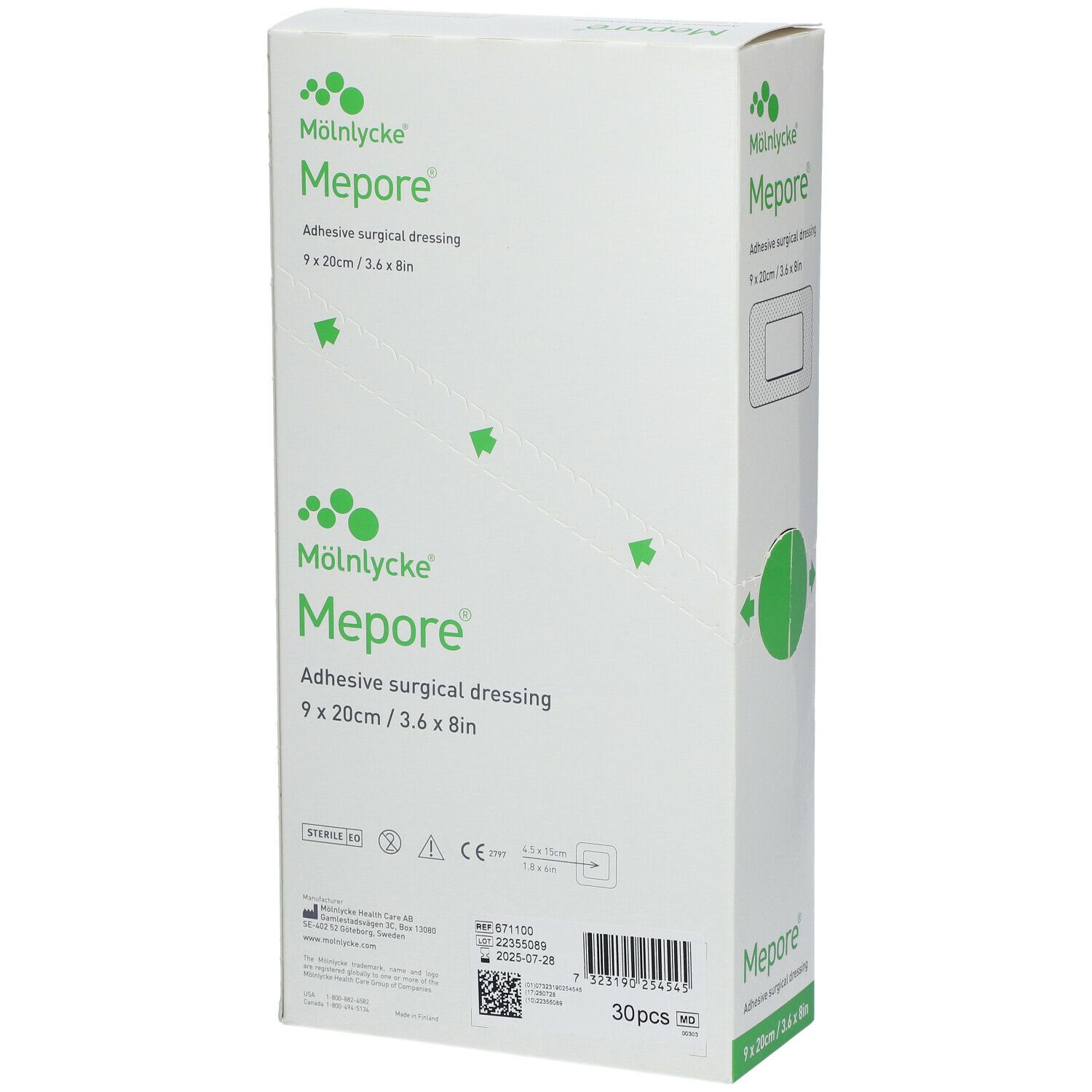 Emballage Mepore®. Pansement chirurgical adhésif. Dimensions 9 x 20 cm. Boîte blanche avec informations et logo du produit.