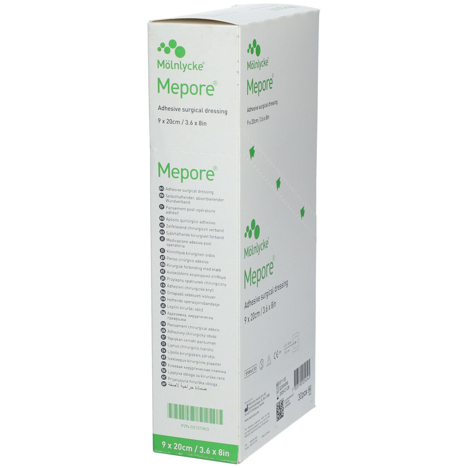 Emballage Mepore®. Pansement chirurgical adhésif. Dimensions 9 x 20 cm. Boîte blanche avec texte et logo.