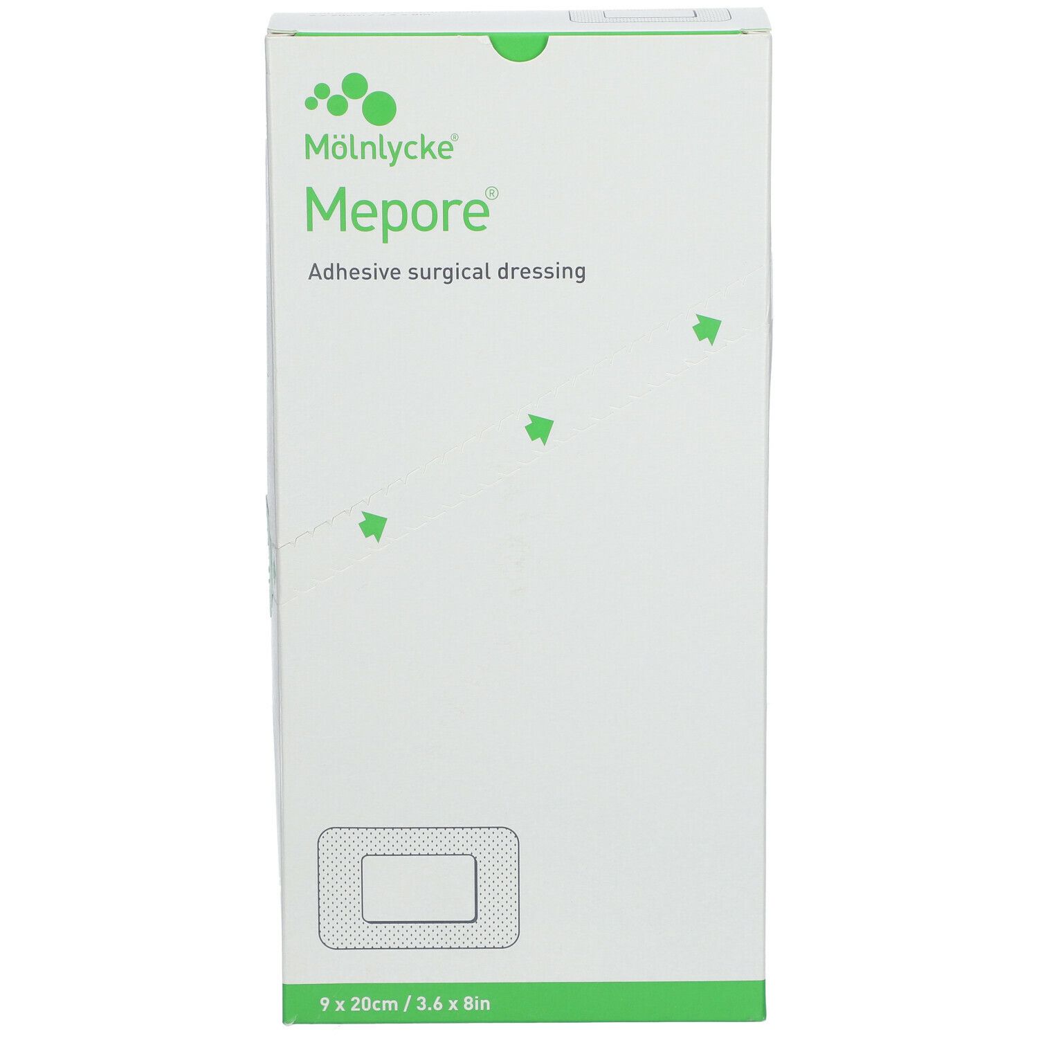 Emballage Mepore®. Pansement chirurgical adhésif. Dimensions 9 x 20 cm. Boîte blanche avec accents verts et logo.