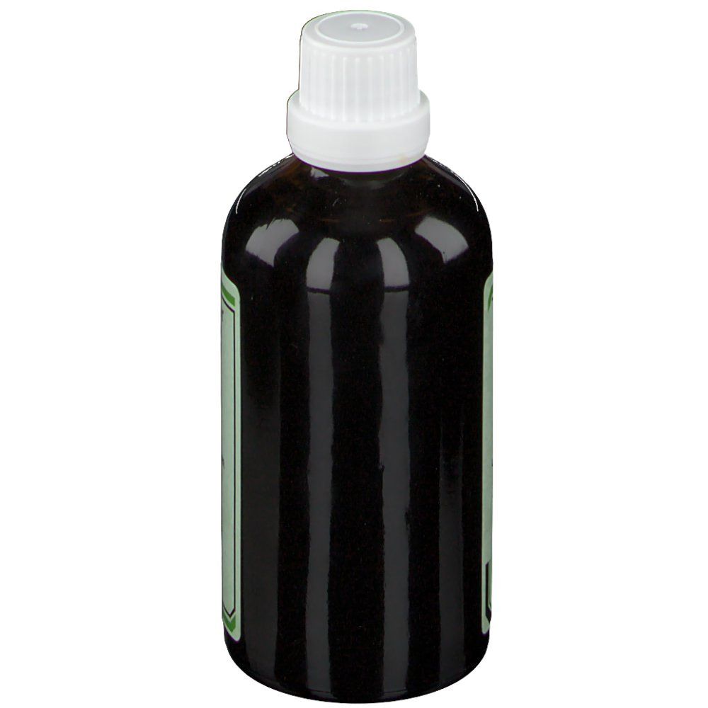 Flacon en verre brun avec bouchon blanc. Étiquette verte et blanche. Nom du produit et informations.