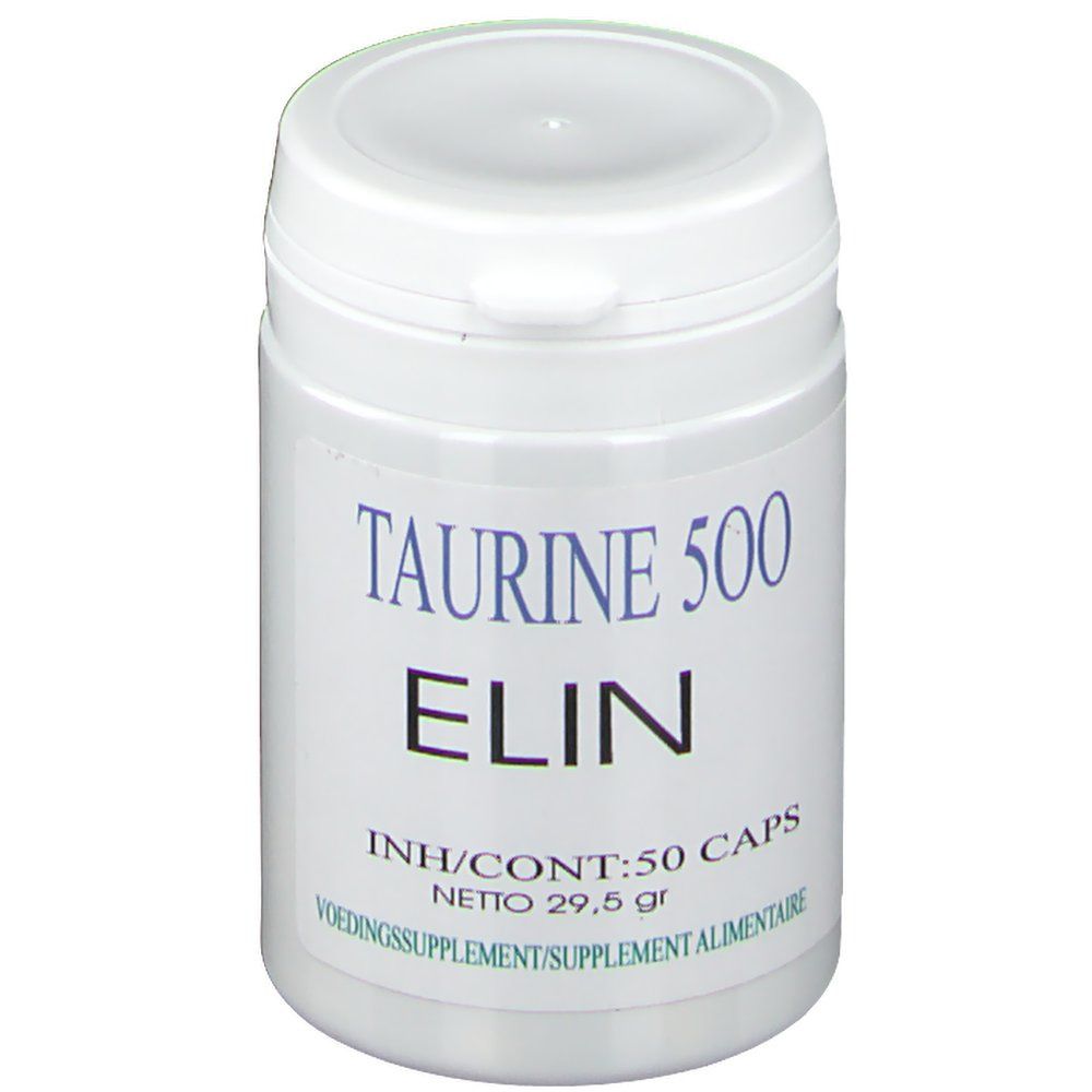 Boîte blanche avec impression bleue. Inscription : Taurine 500, ELIN. Contenu : 50 gélules. Poids net : 29,5 g. Complément alimentaire.