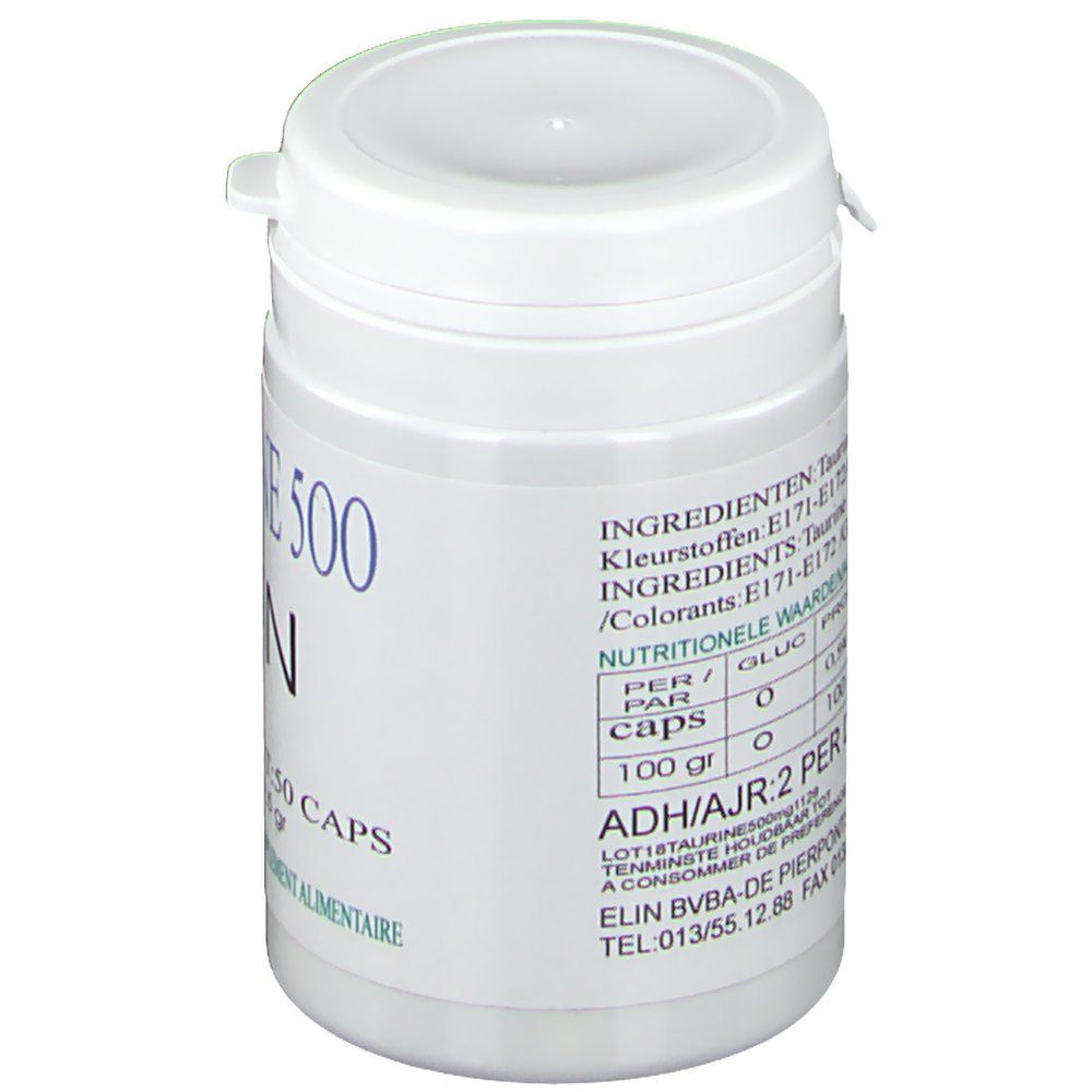Boîte blanche avec impression bleue. Inscription : Taurine 500, ELIN. Contient des informations sur les ingrédients et les valeurs nutritionnelles. Complément alimentaire.