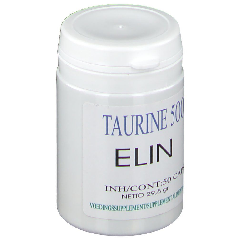Boîte blanche avec impression bleue. Inscription : Taurine 500, ELIN. Contenu : 50 gélules. Poids net : 29,5 g. Complément alimentaire.