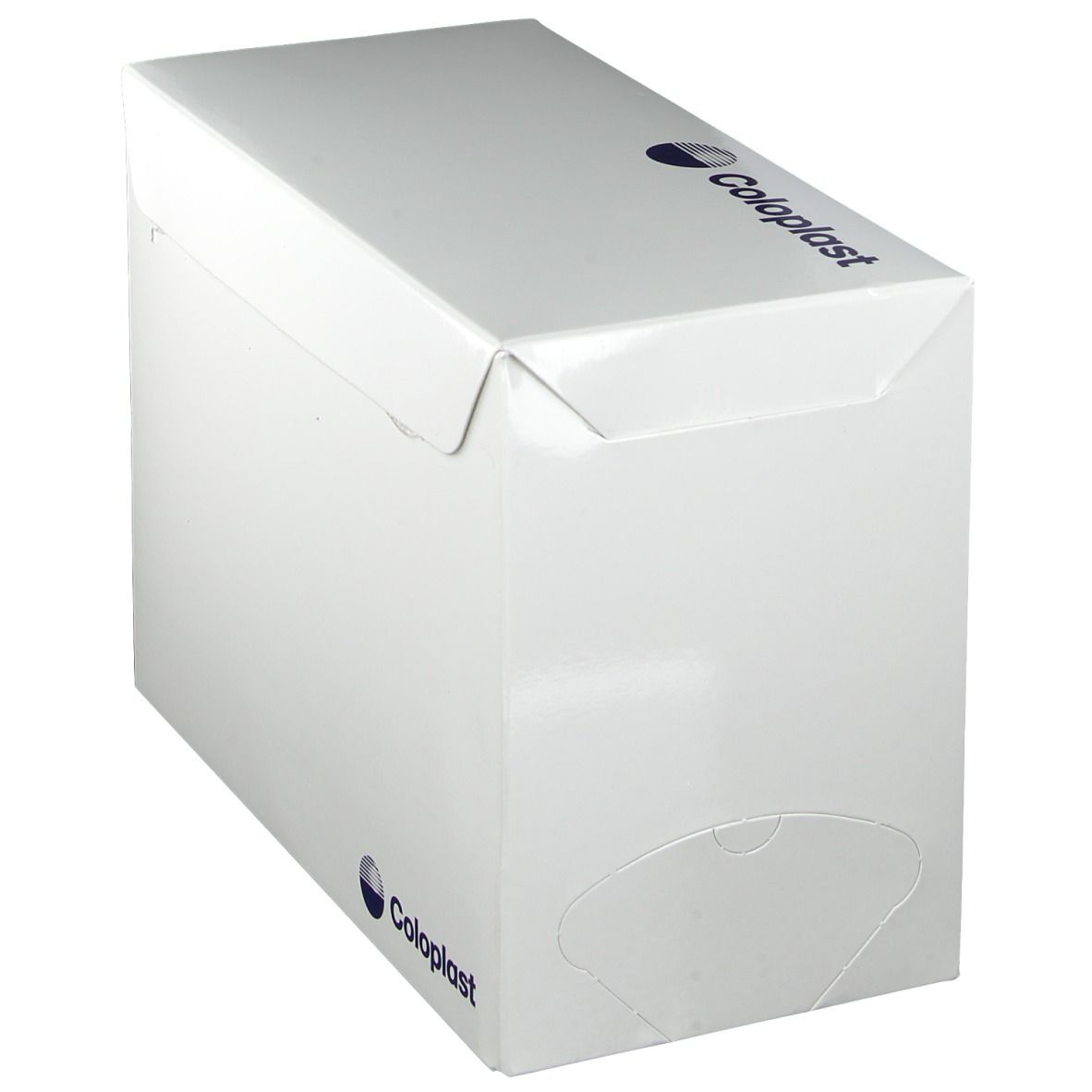 Emballage blanc avec logo Coloplast. L'emballage a un rabat et un design arrondi.