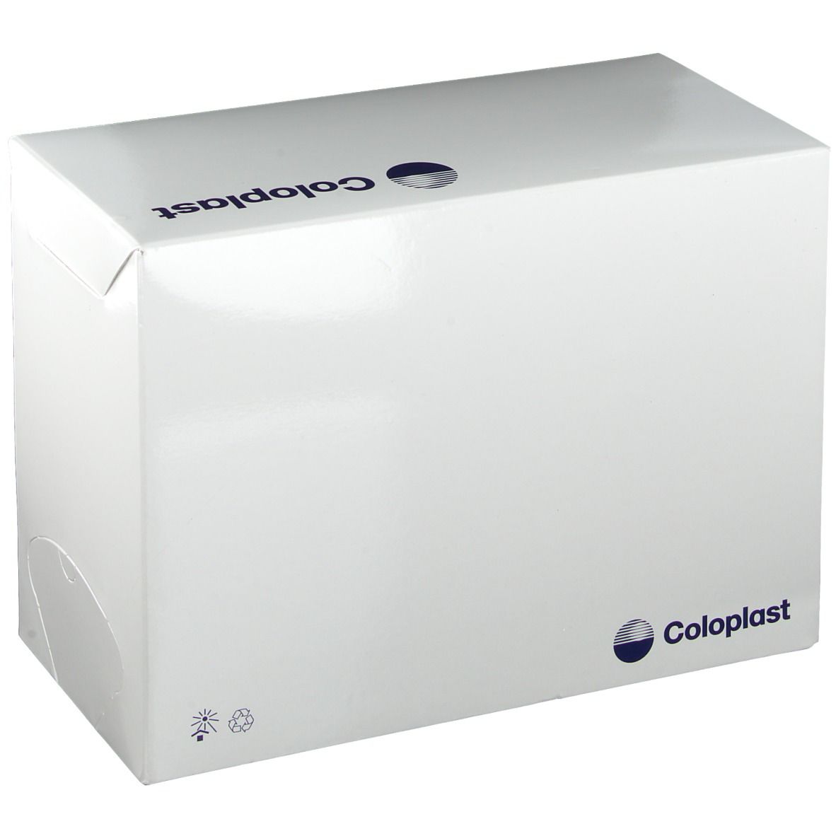 Emballage blanc avec logo Coloplast. L'emballage a un rabat et un design arrondi.